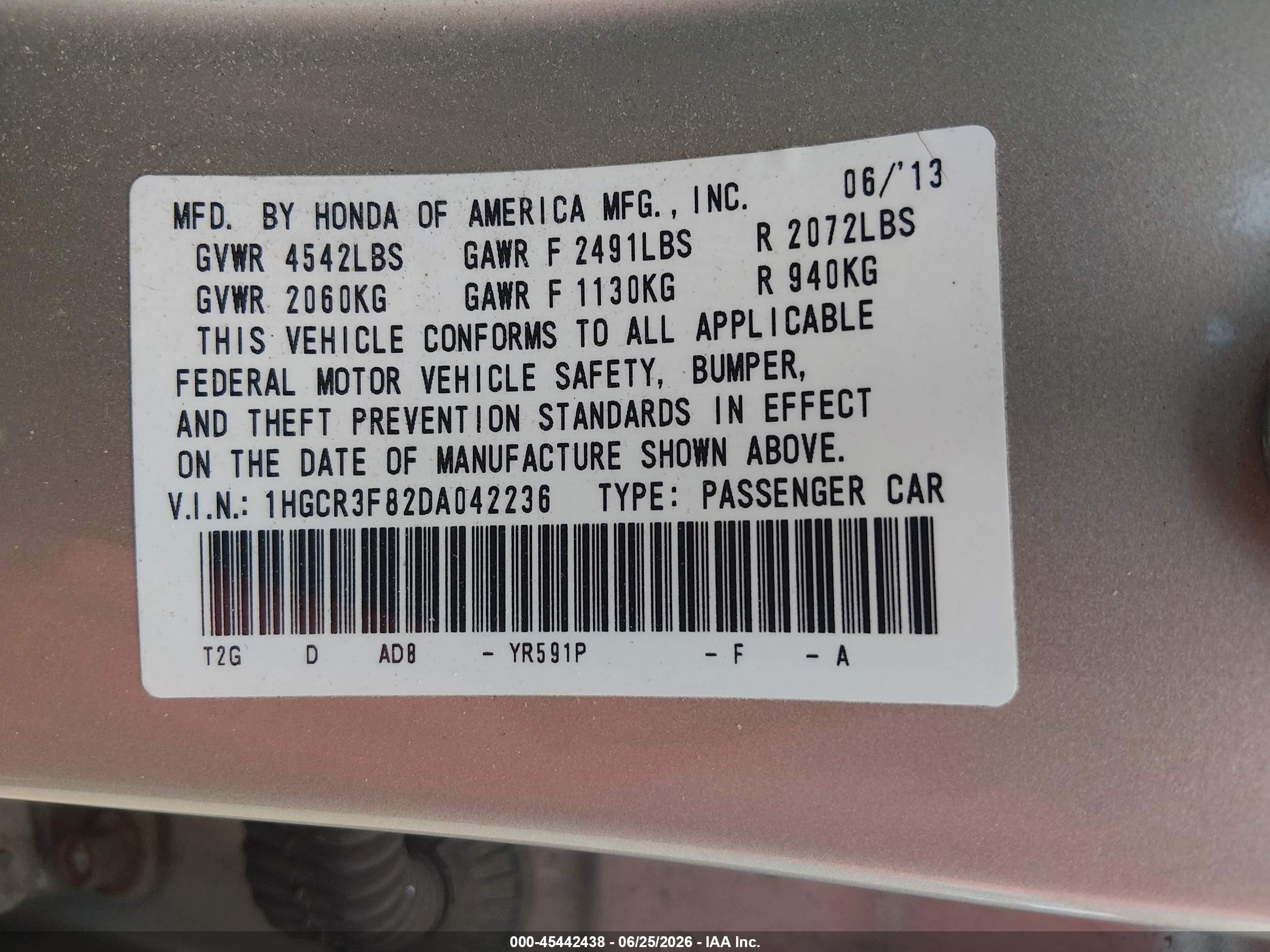 2013 Honda Accord Ex-l V-6 Champagne vin: 1HGCR3F82DA042236