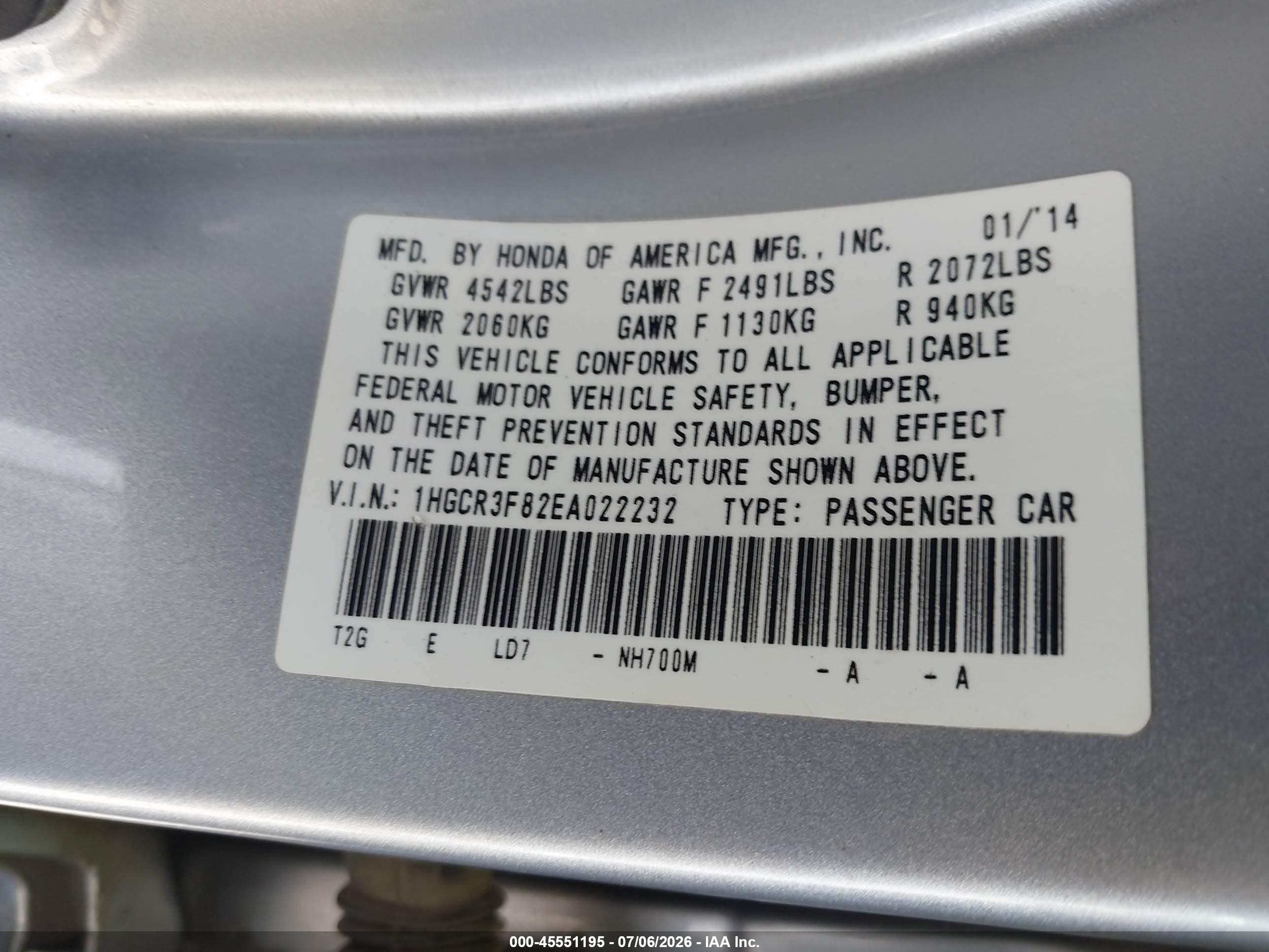 2014 Honda Accord Ex-l V-6 Blue vin: 1HGCR3F82EA022232