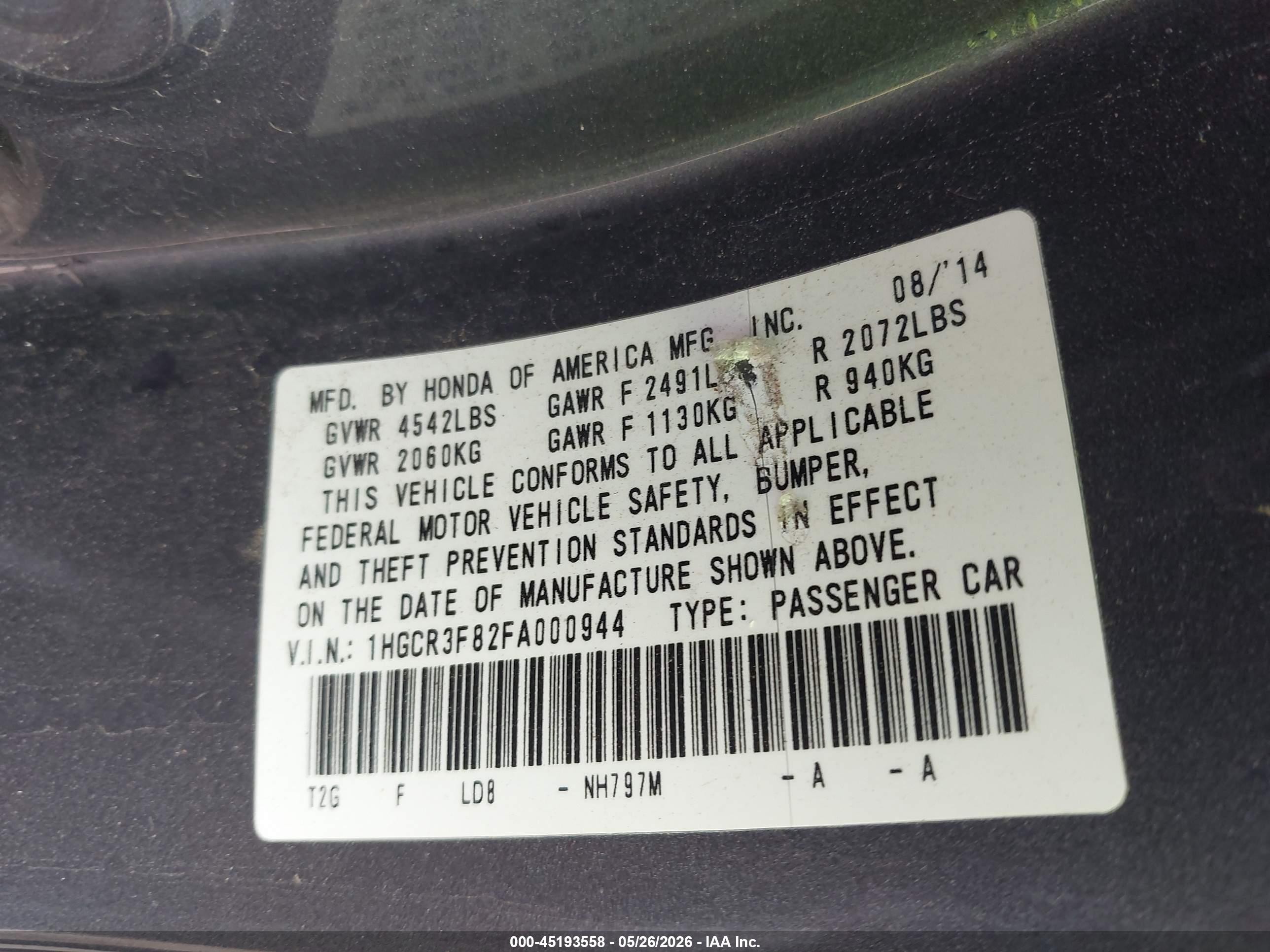 2015 Honda Accord Ex-l V-6 Серый vin: 1HGCR3F82FA000944