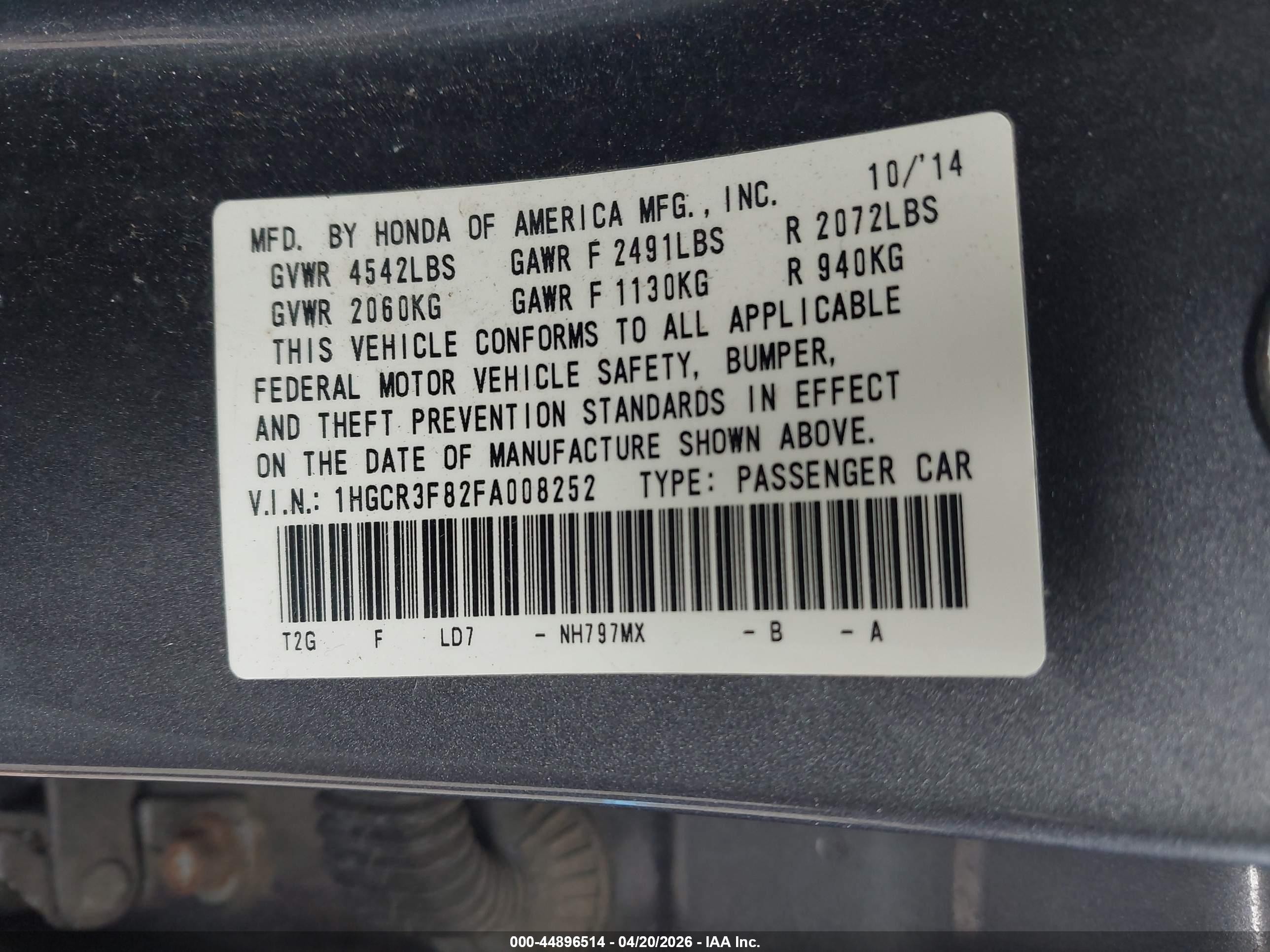 2015 Honda Accord Ex-l V-6 Серый vin: 1HGCR3F82FA008252