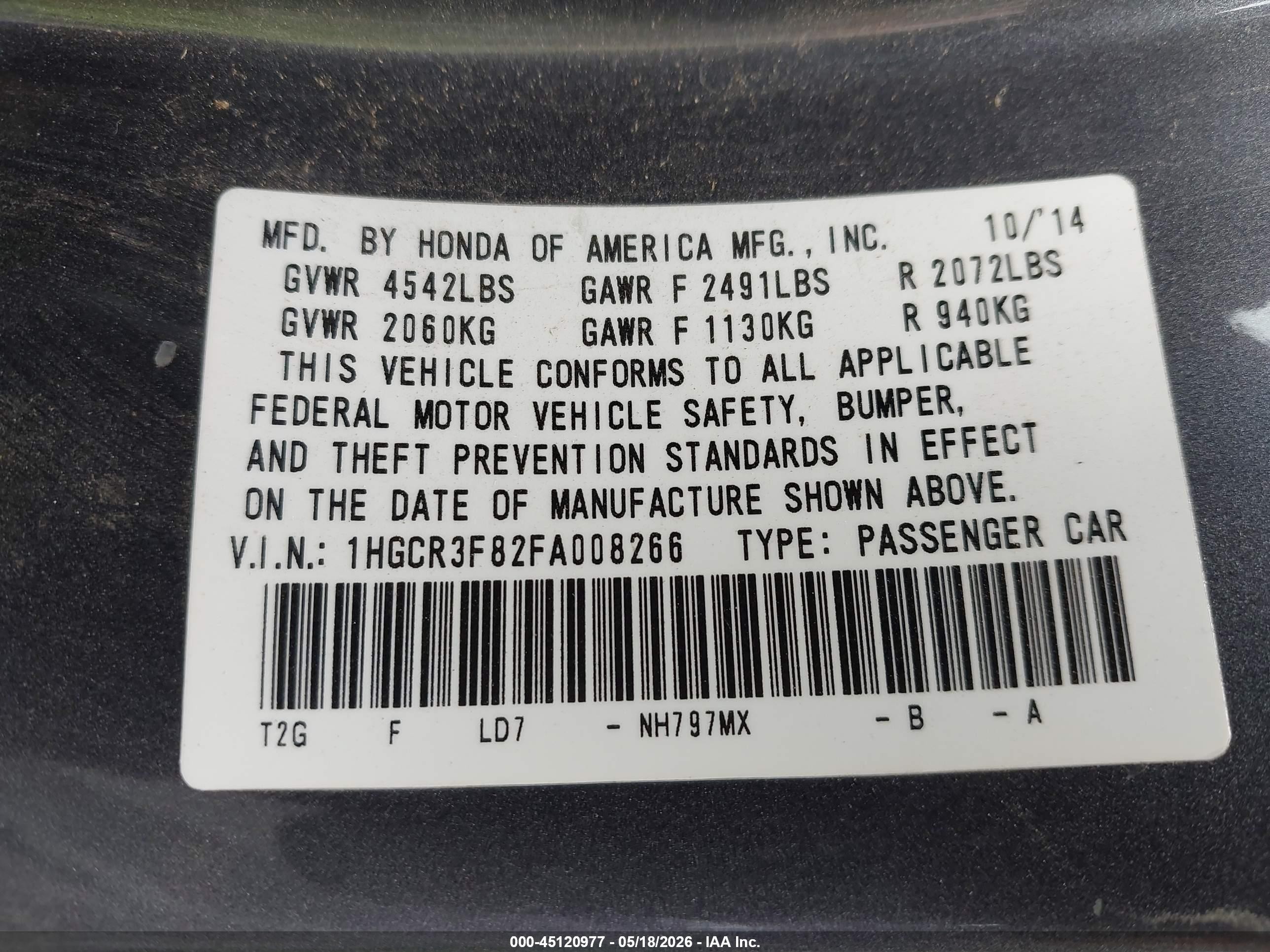 2015 Honda Accord Ex-l V-6 Gray vin: 1HGCR3F82FA008266