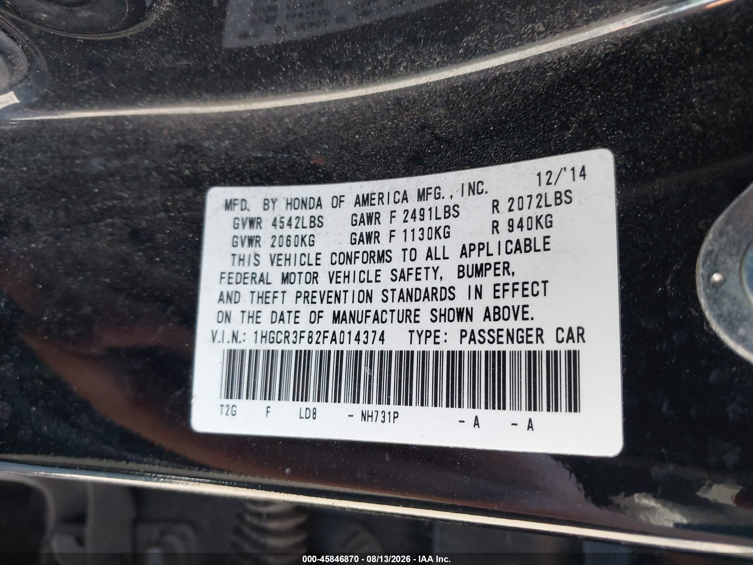 2015 Honda Accord Ex-l V-6 Черный vin: 1HGCR3F82FA014374