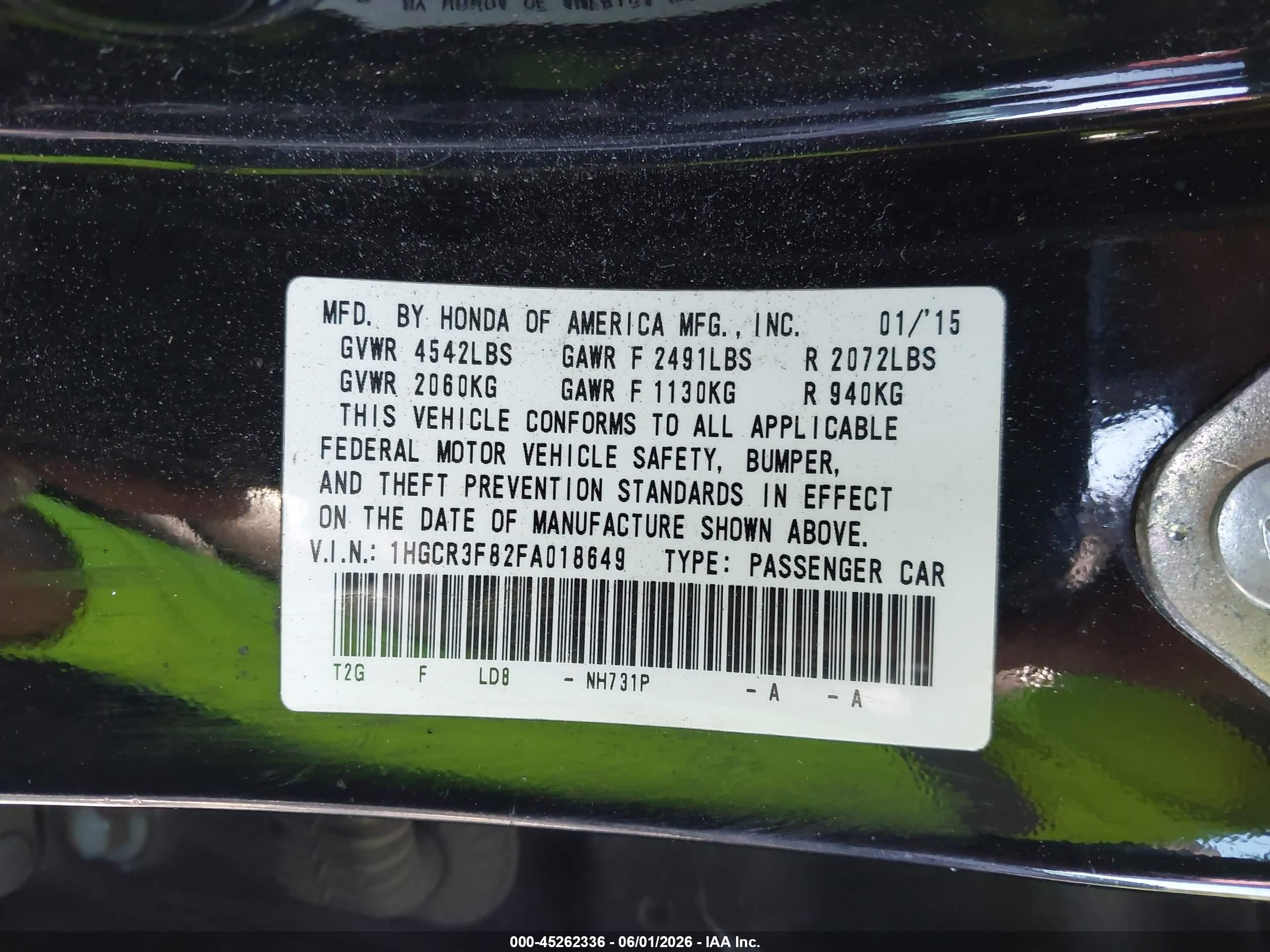 2015 Honda Accord Ex-l V-6 Black vin: 1HGCR3F82FA018649