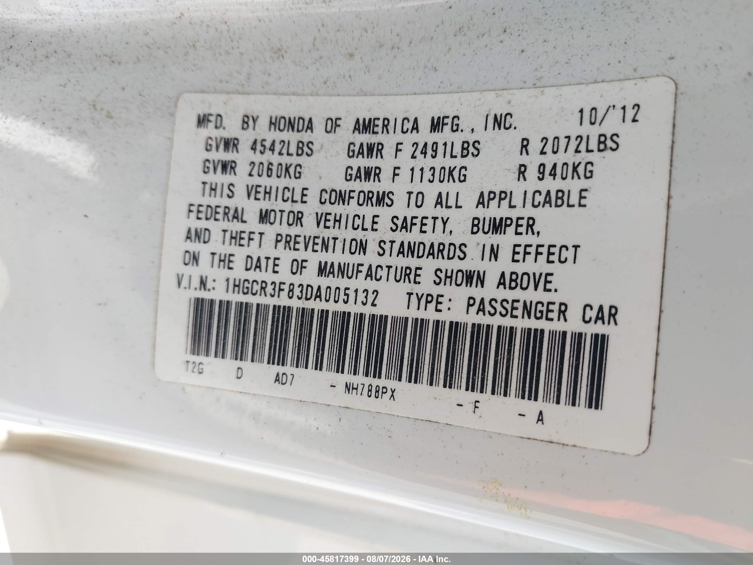 2013 Honda Accord Ex-l V-6 Белый vin: 1HGCR3F83DA005132