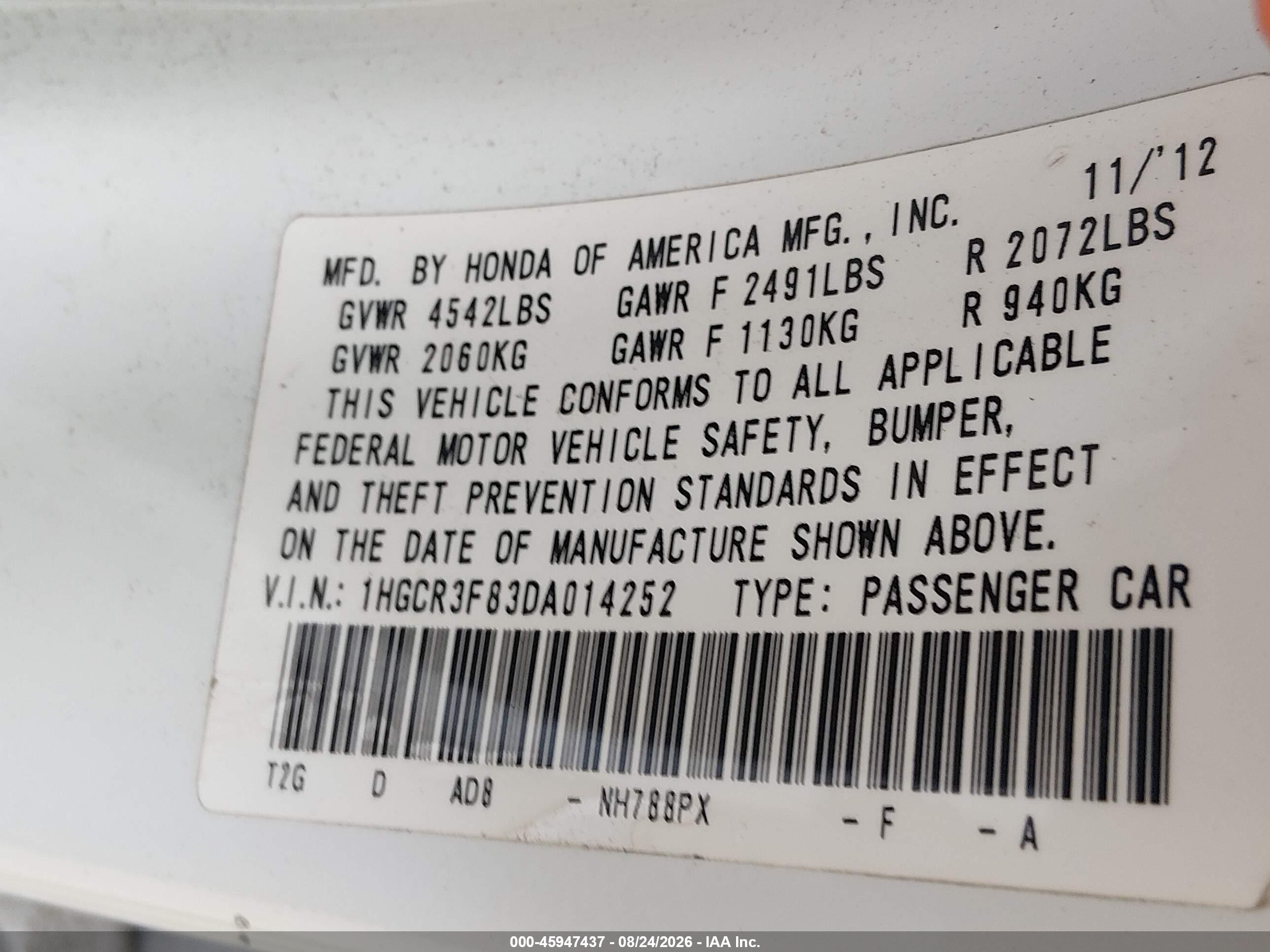 2013 Honda Accord Ex-l V-6 White vin: 1HGCR3F83DA014252