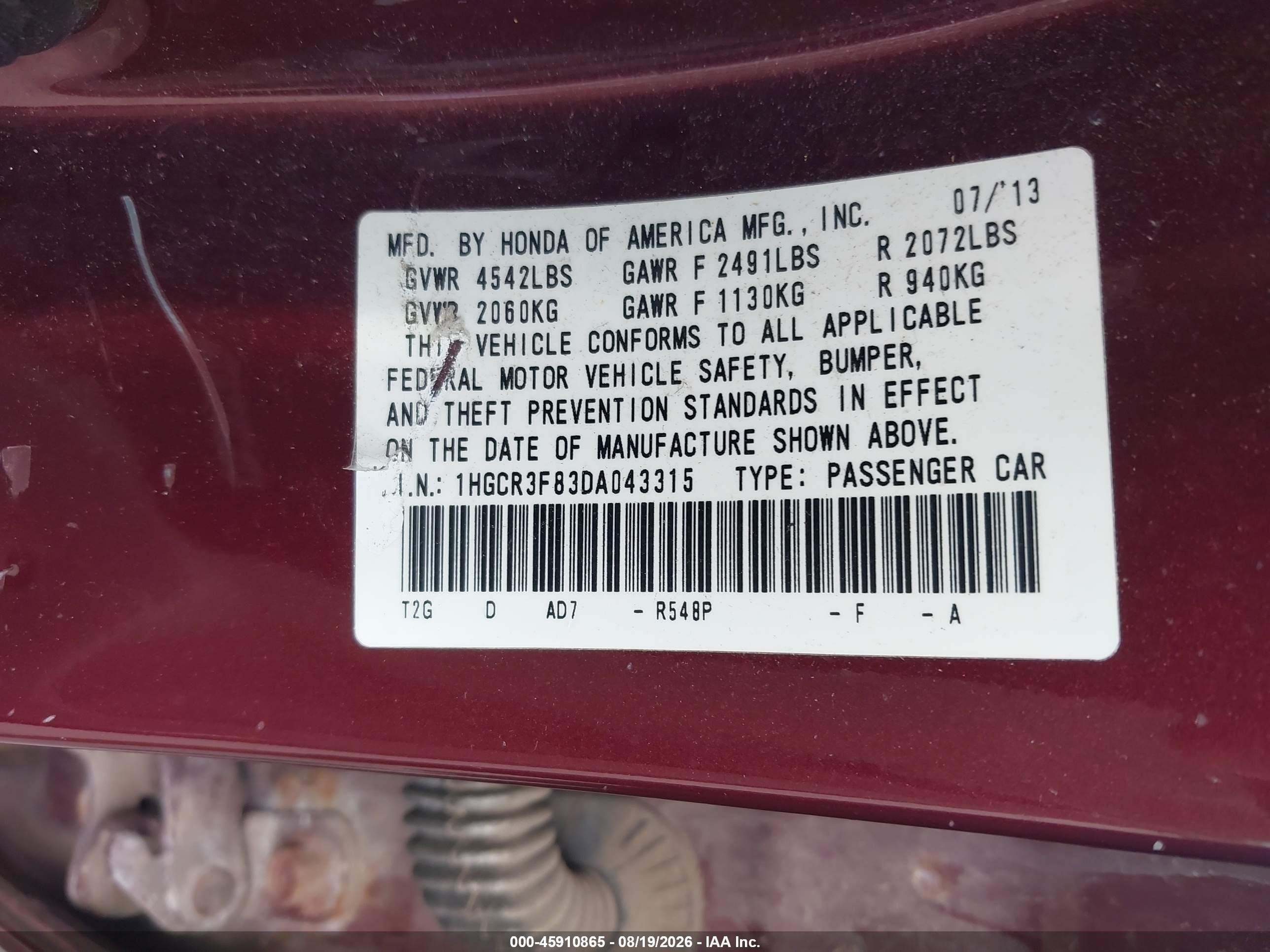2013 Honda Accord Ex-l V-6 Maroon vin: 1HGCR3F83DA043315