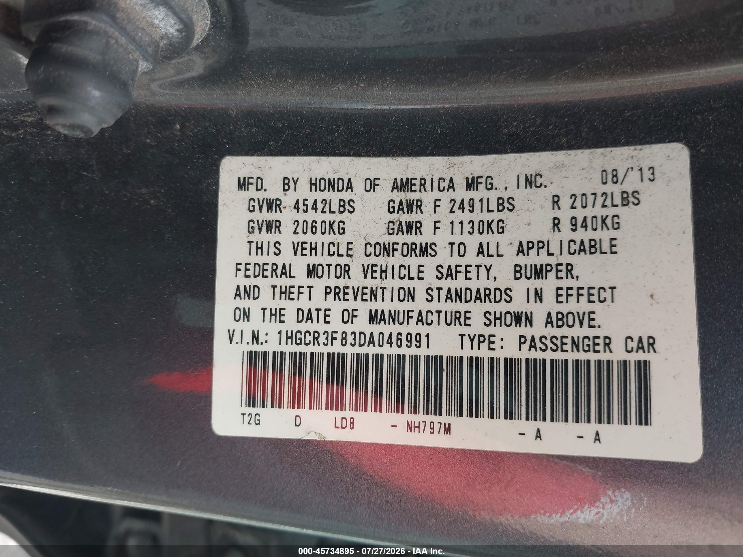 2013 Honda Accord Ex-l V-6 Gray vin: 1HGCR3F83DA046991