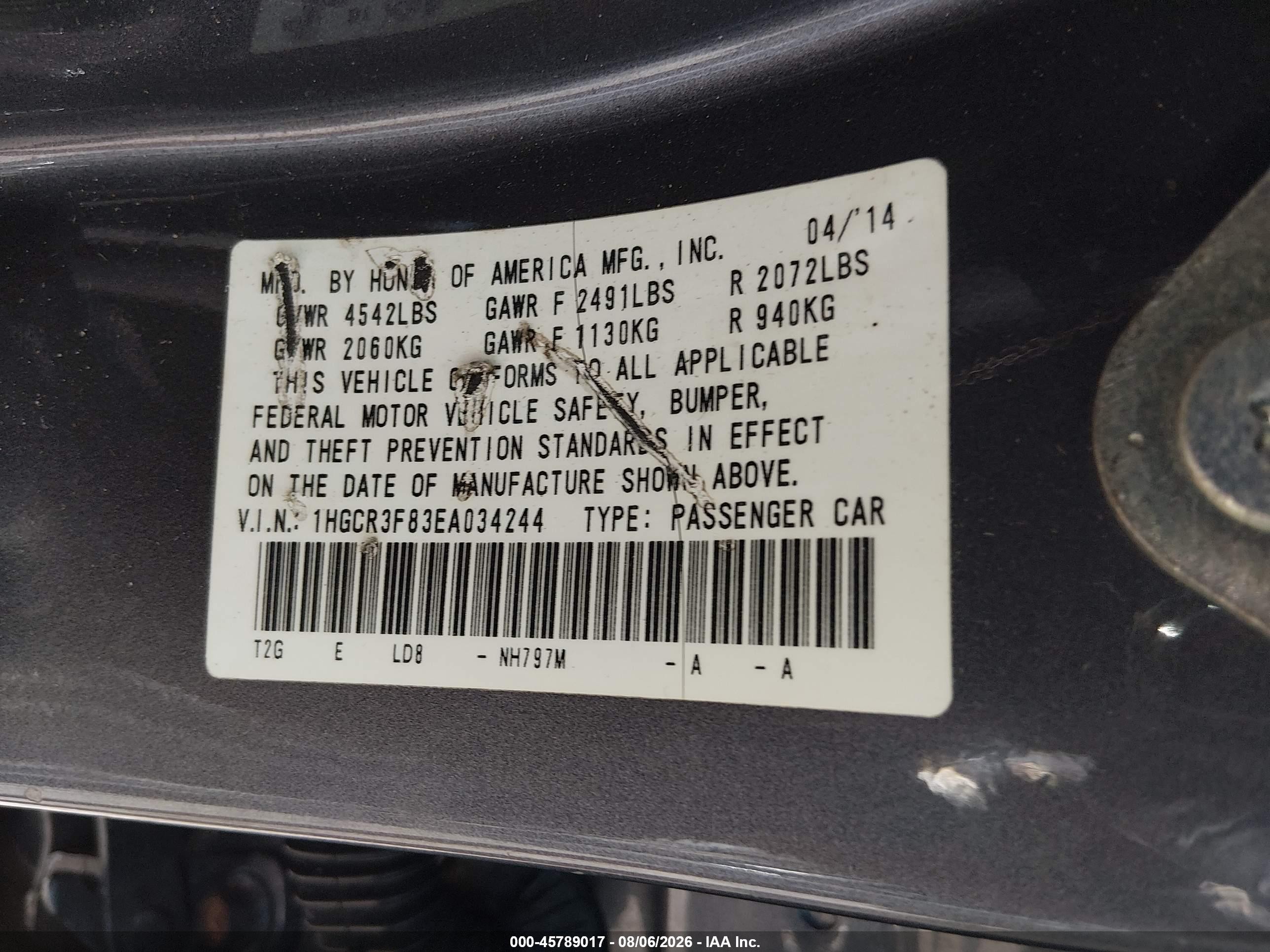 2014 Honda Accord Ex-l V-6 Gray vin: 1HGCR3F83EA034244
