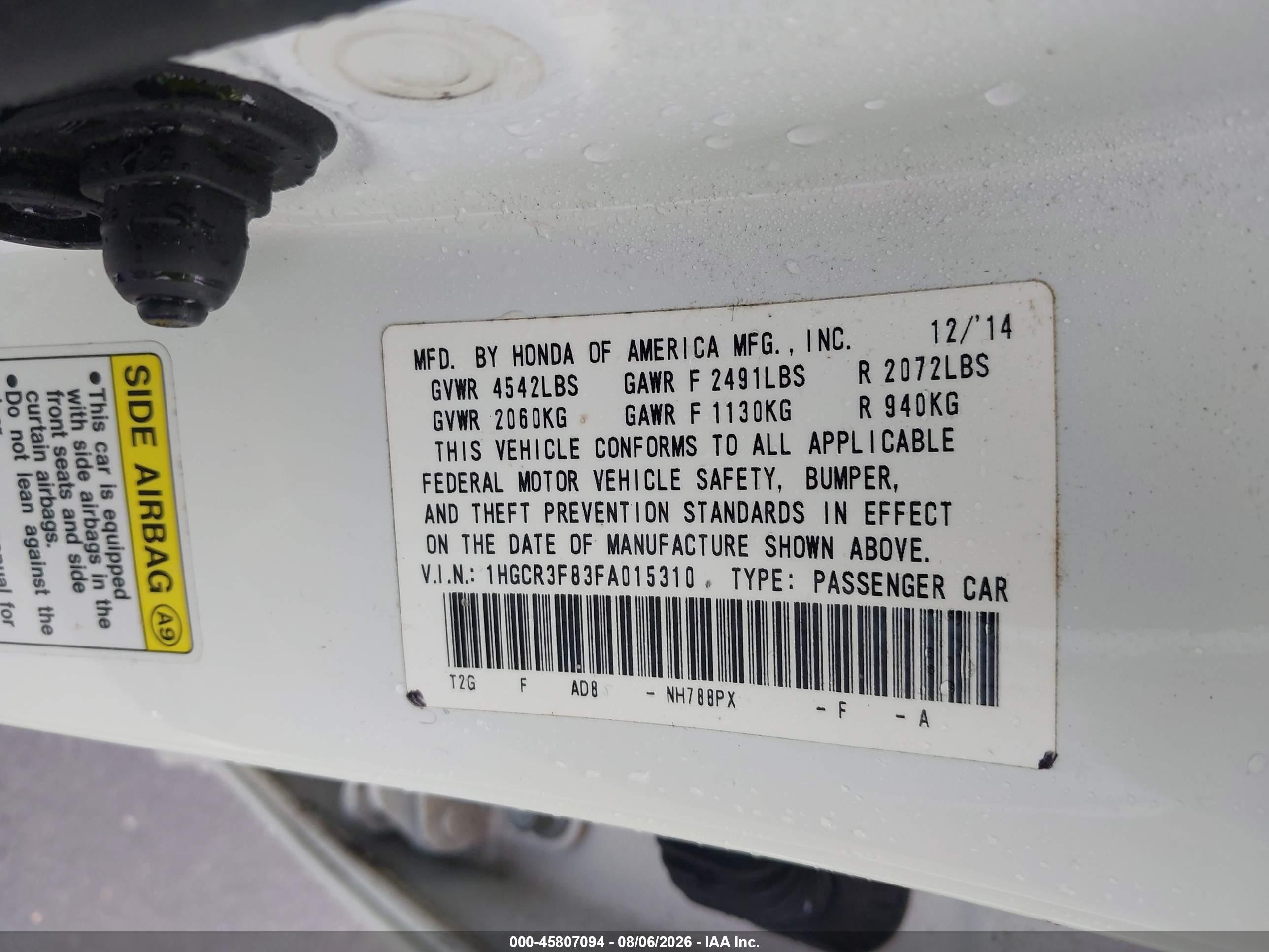 2015 Honda Accord Ex-l V-6 White vin: 1HGCR3F83FA015310
