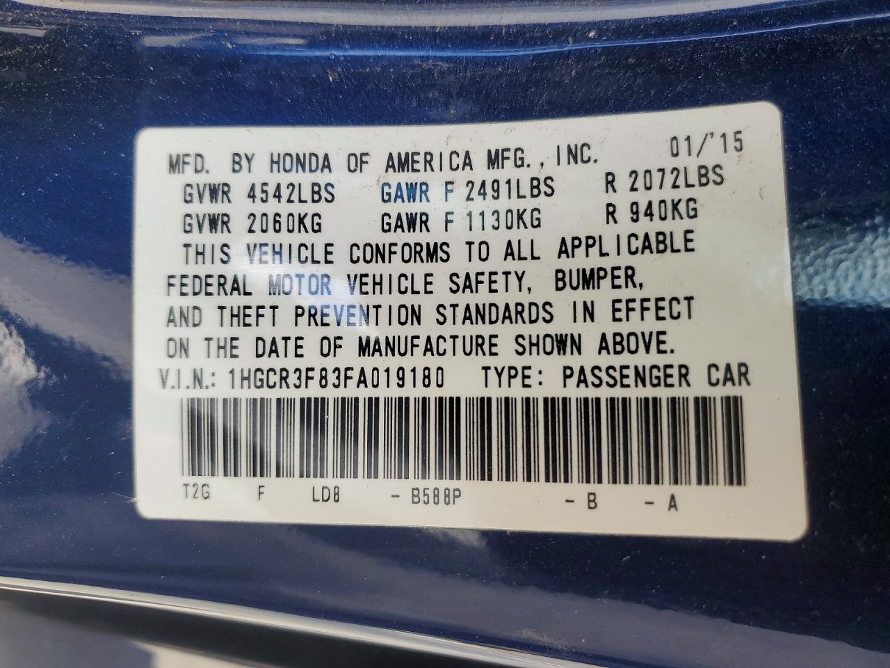 2015 Honda Accord Exl Blue vin: 1HGCR3F83FA019180