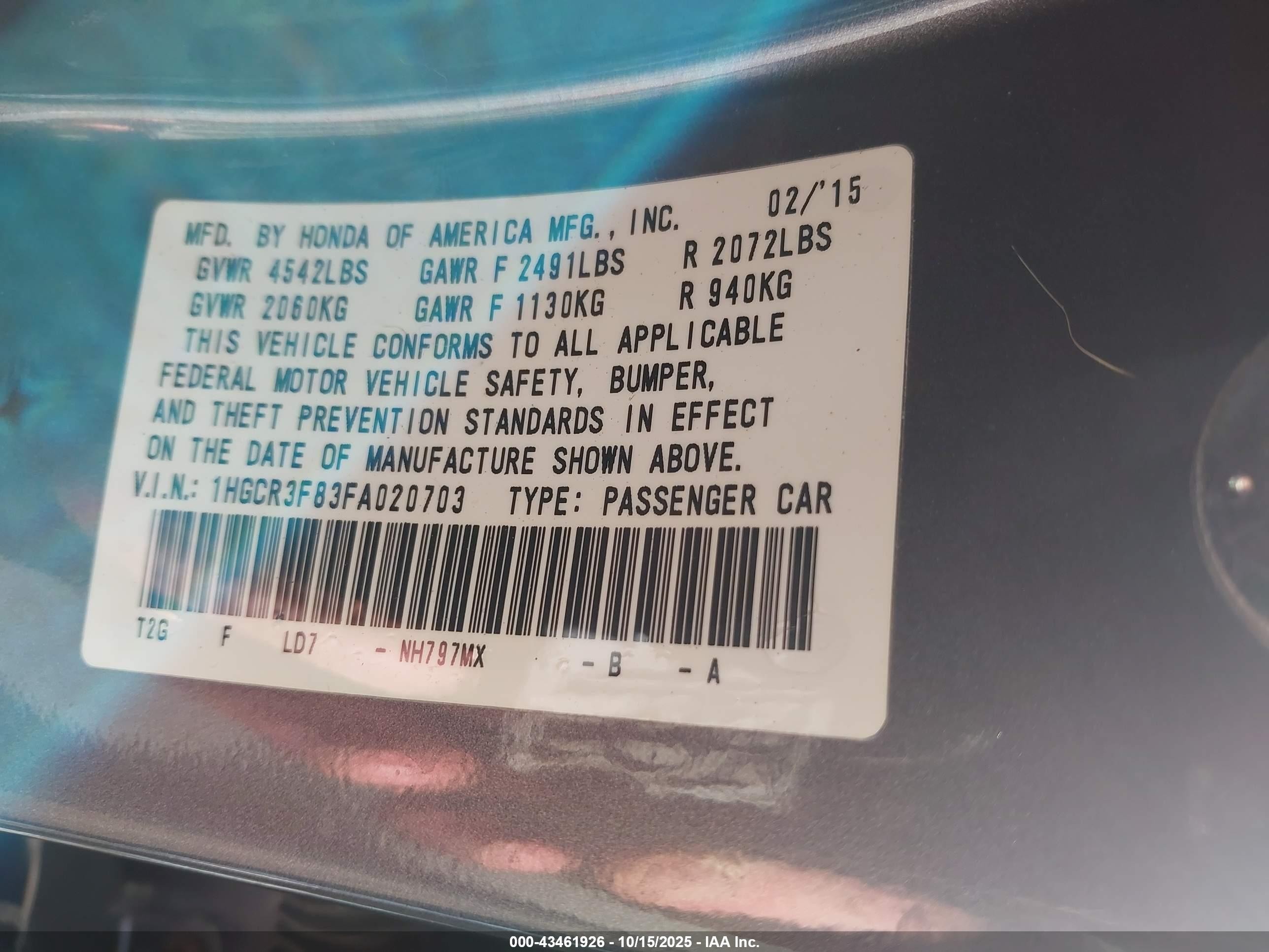 2015 Honda Accord Ex-l V-6 Gray vin: 1HGCR3F83FA020703