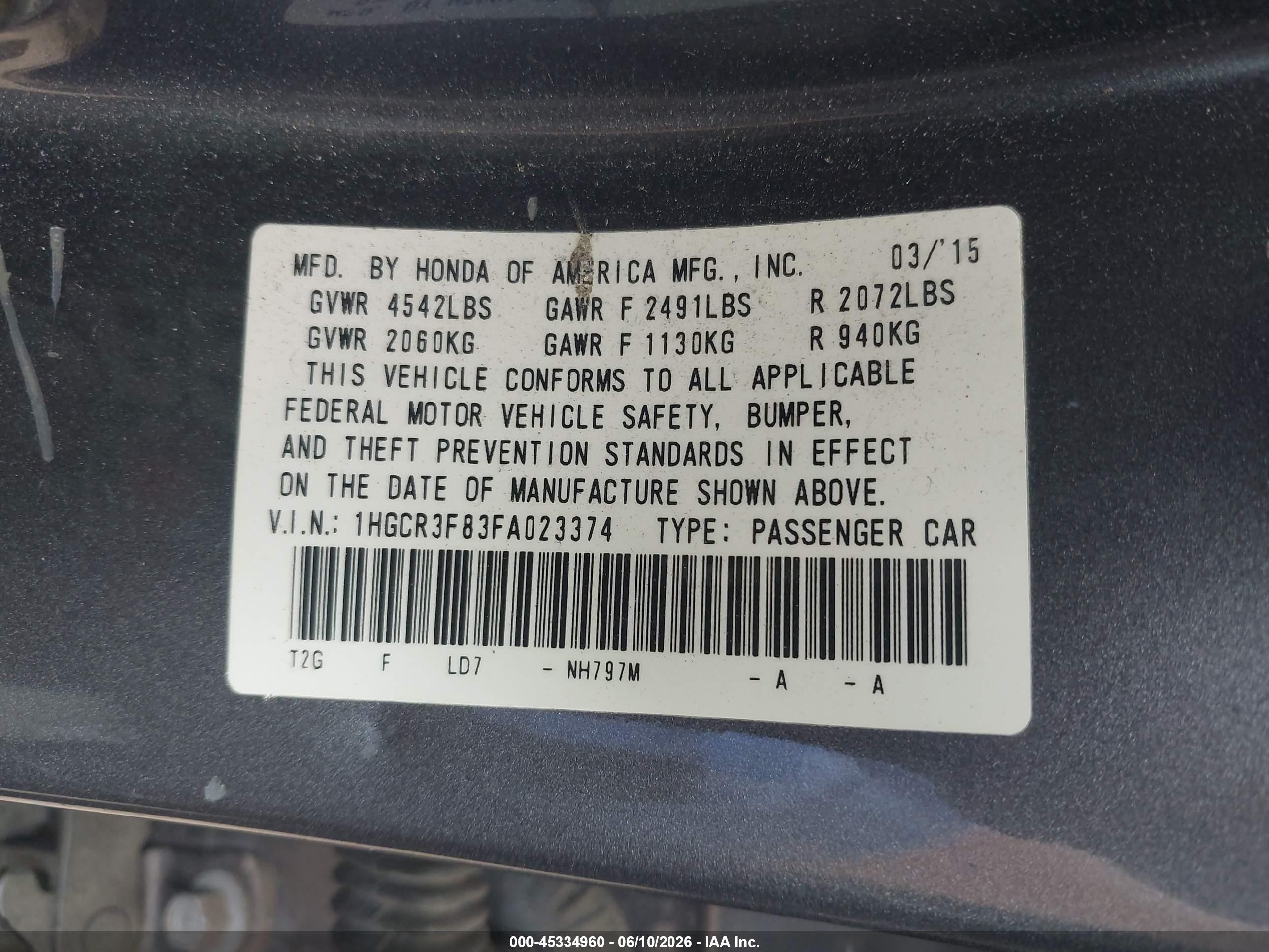 2015 Honda Accord Ex-l V-6 Gray vin: 1HGCR3F83FA023374