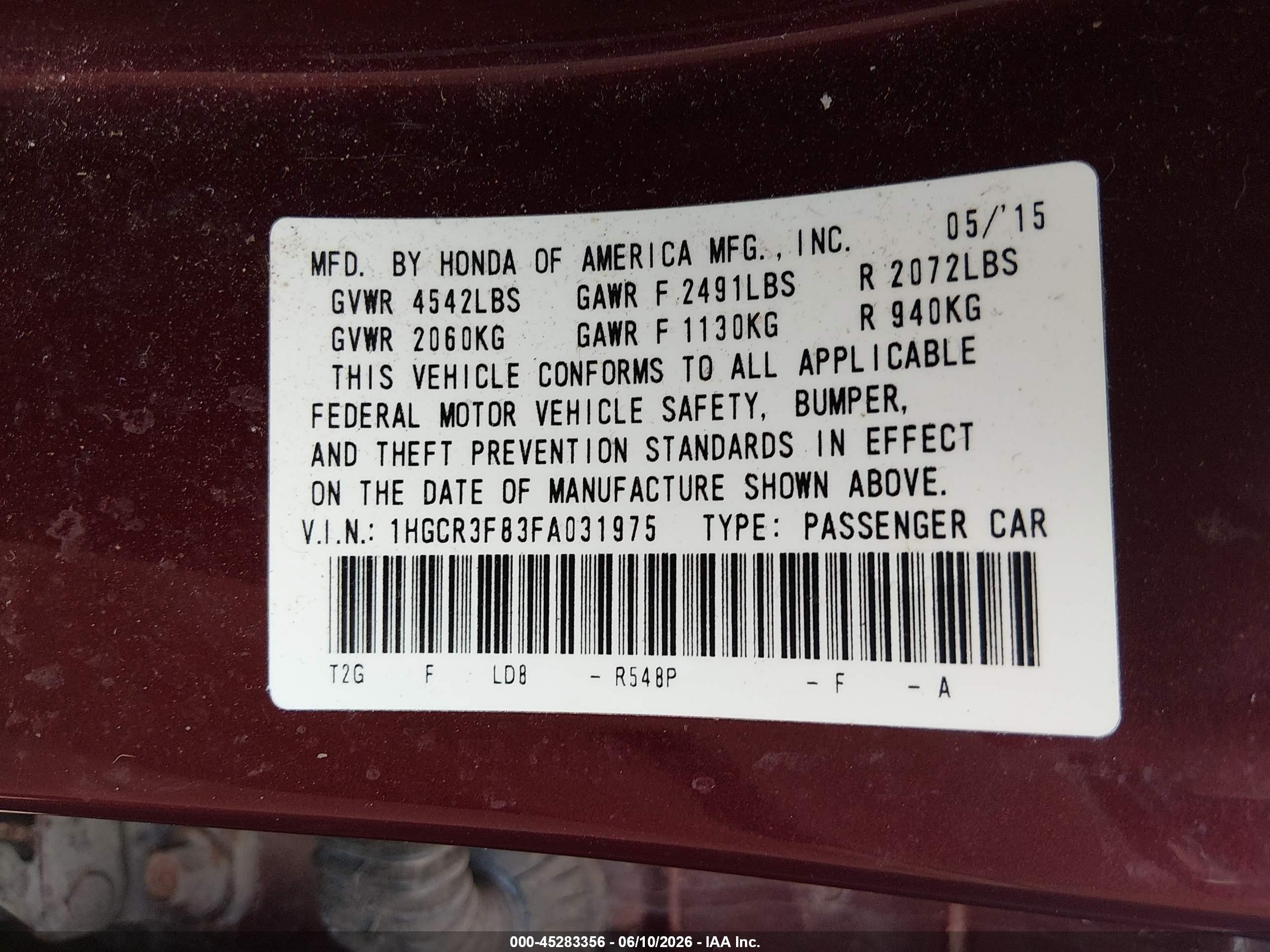 2015 Honda Accord Ex-l V-6 Red vin: 1HGCR3F83FA031975