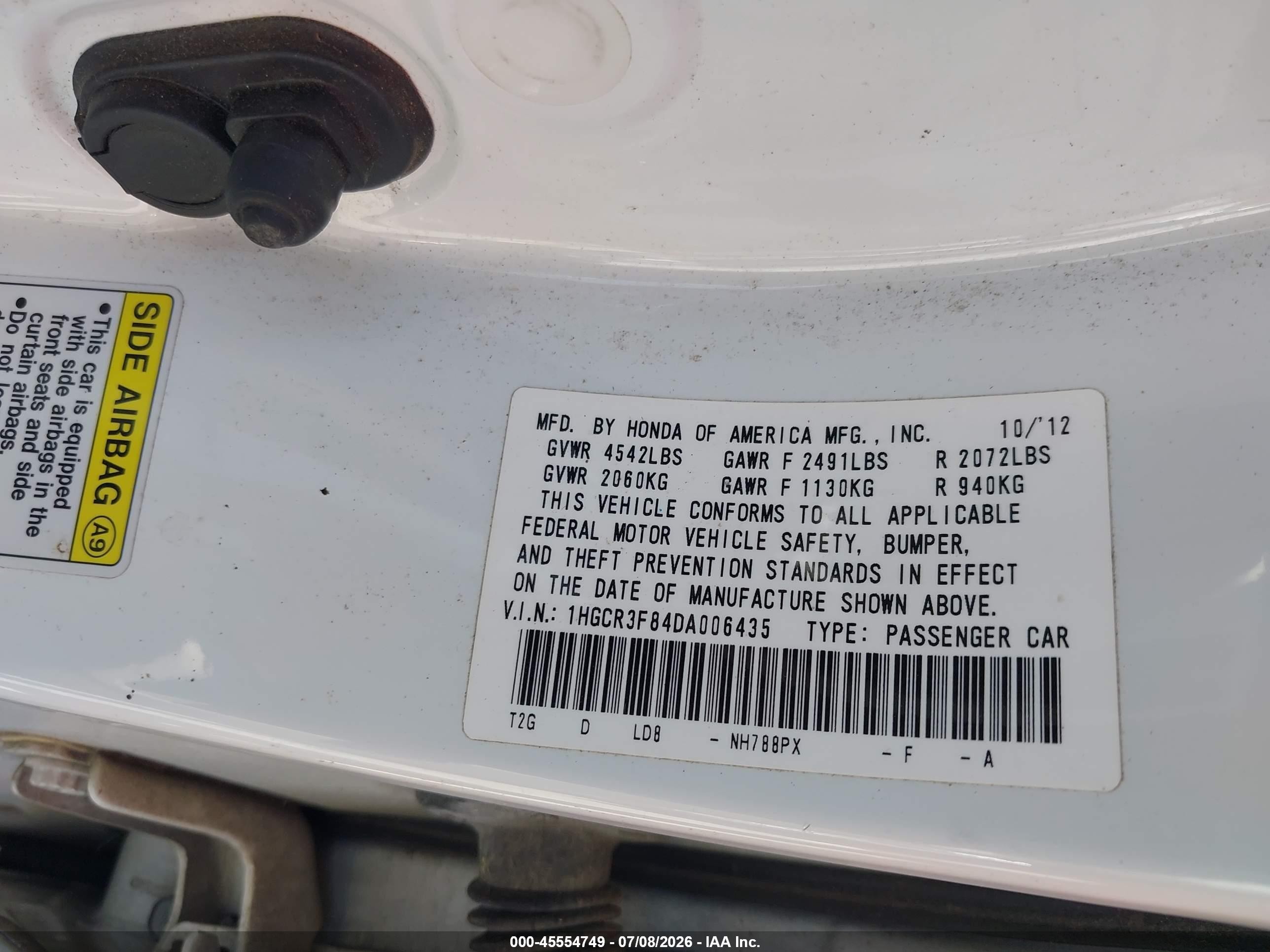 2013 Honda Accord Ex-l V-6 White vin: 1HGCR3F84DA006435