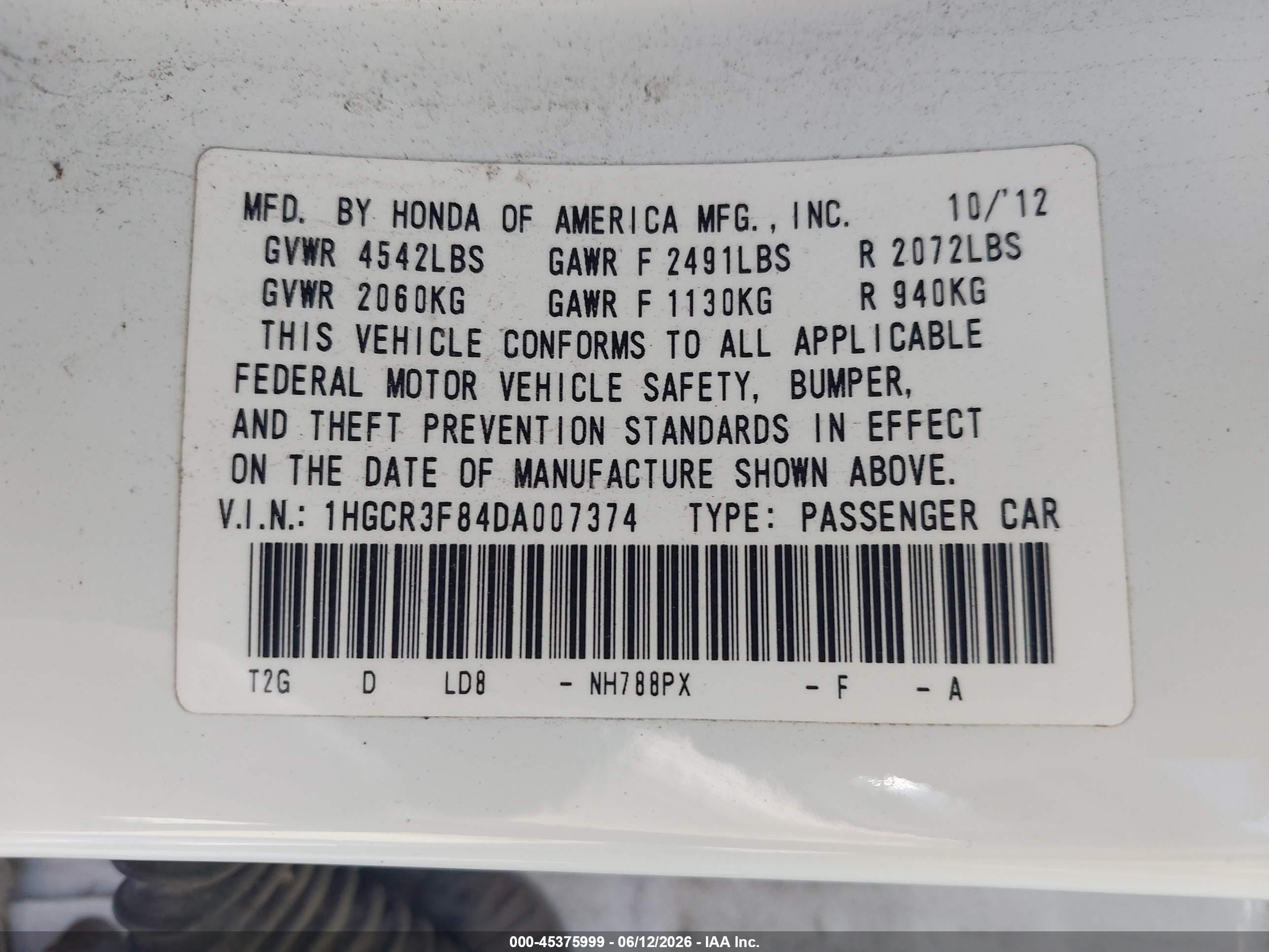 2013 Honda Accord Ex-l V-6 White vin: 1HGCR3F84DA007374