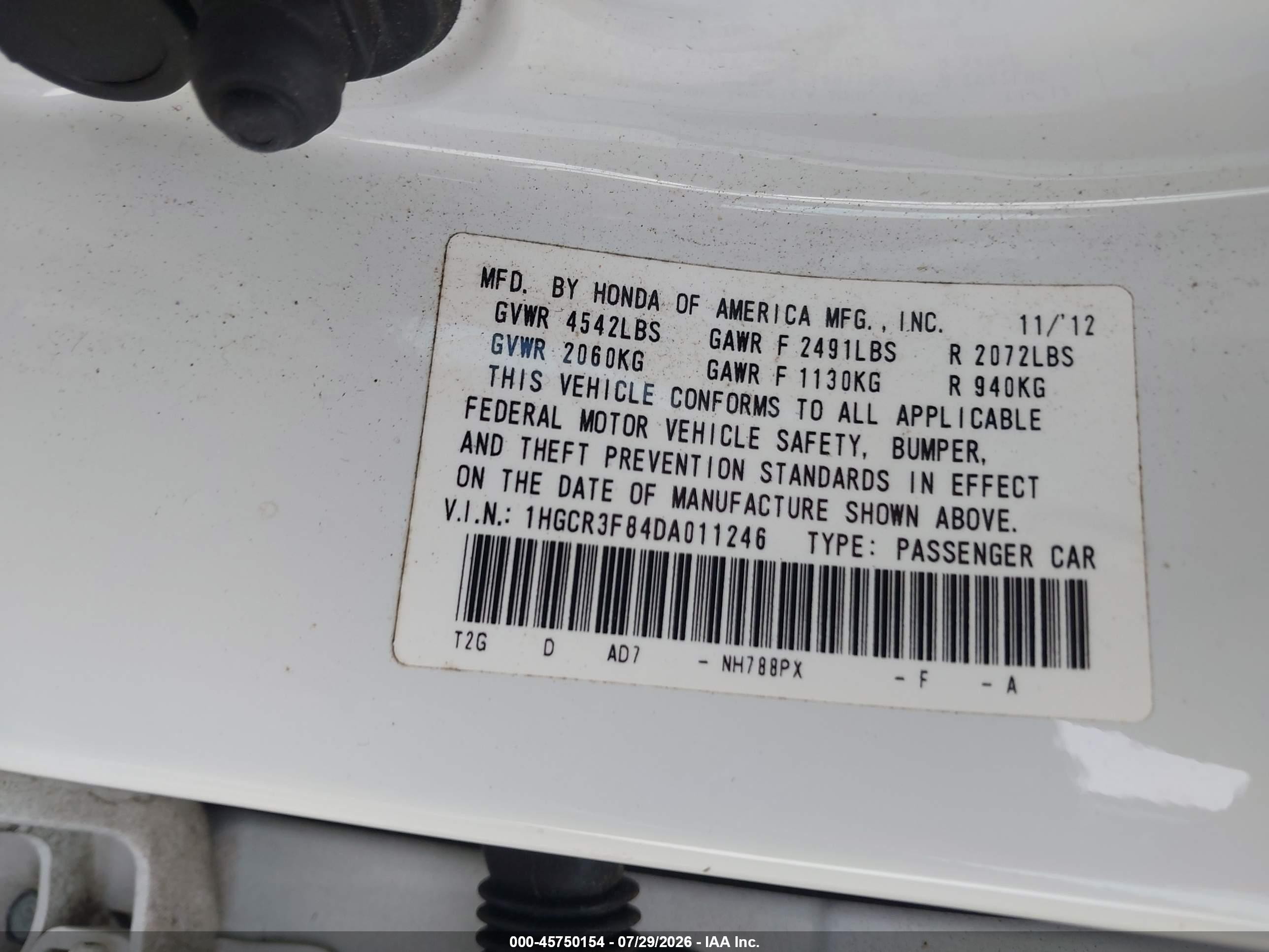 2013 Honda Accord Ex-l V-6 Белый vin: 1HGCR3F84DA011246