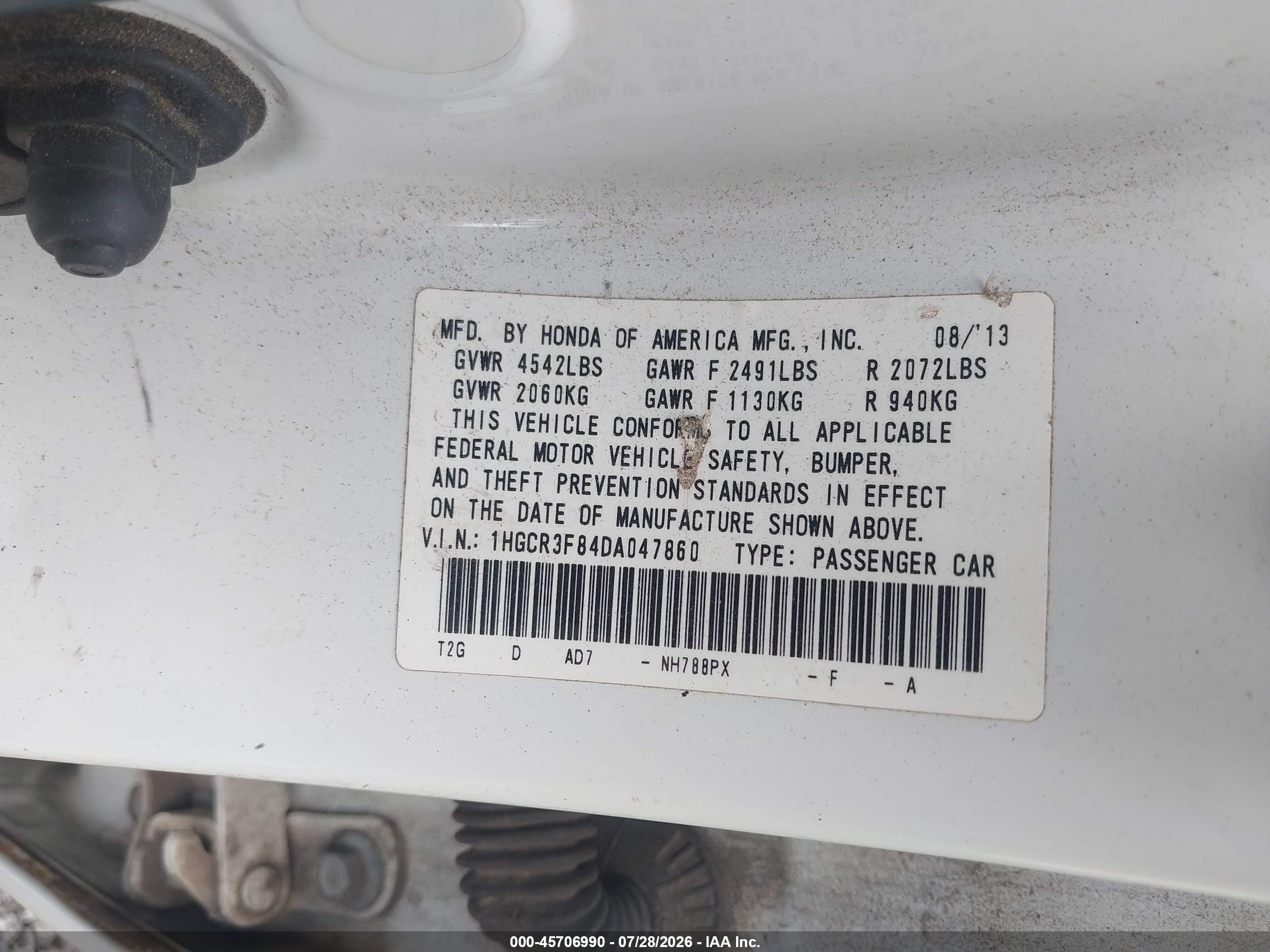 2013 Honda Accord Ex-l V-6 White vin: 1HGCR3F84DA047860