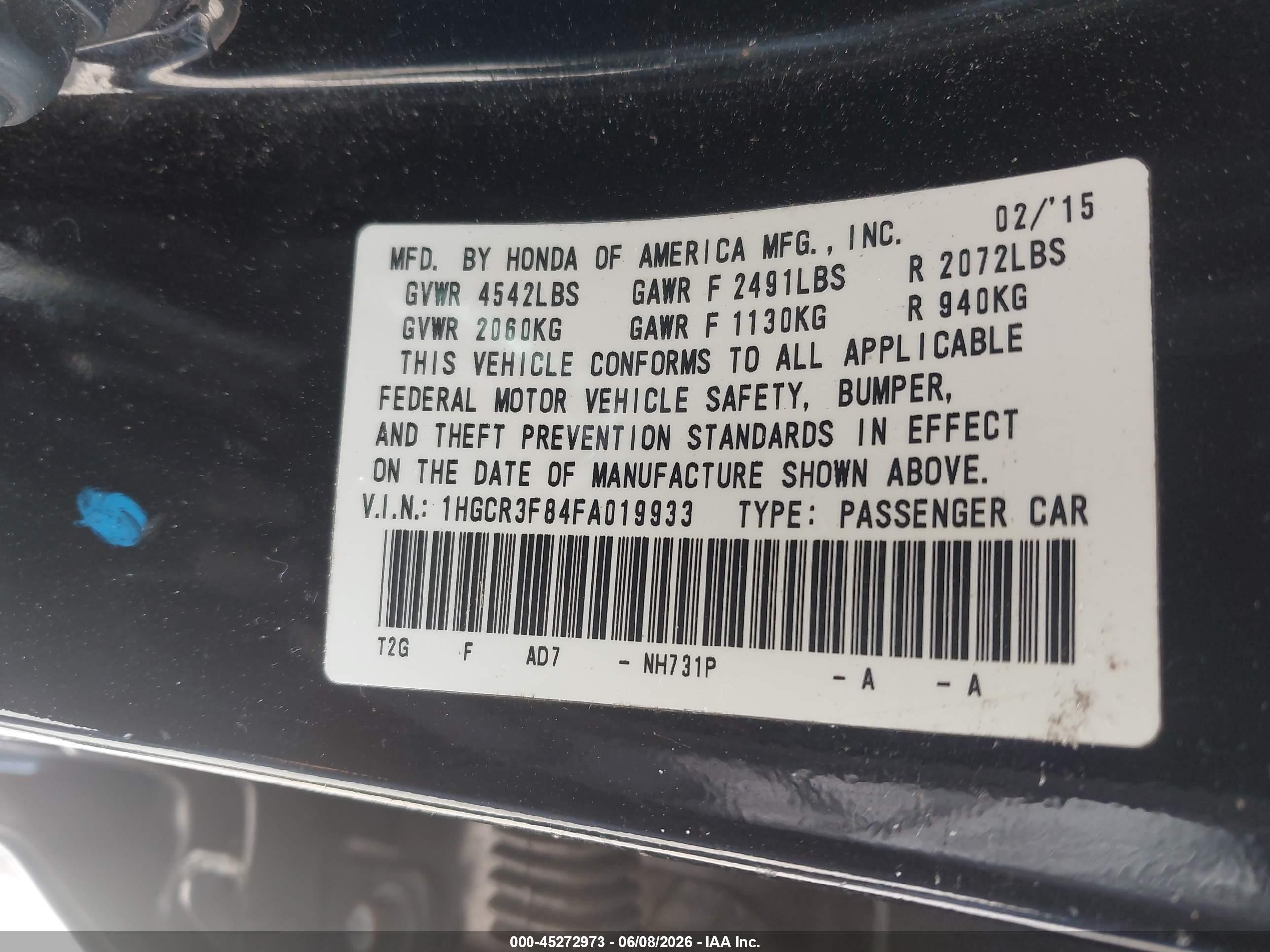 2015 Honda Accord Ex-l V-6 Black vin: 1HGCR3F84FA019933