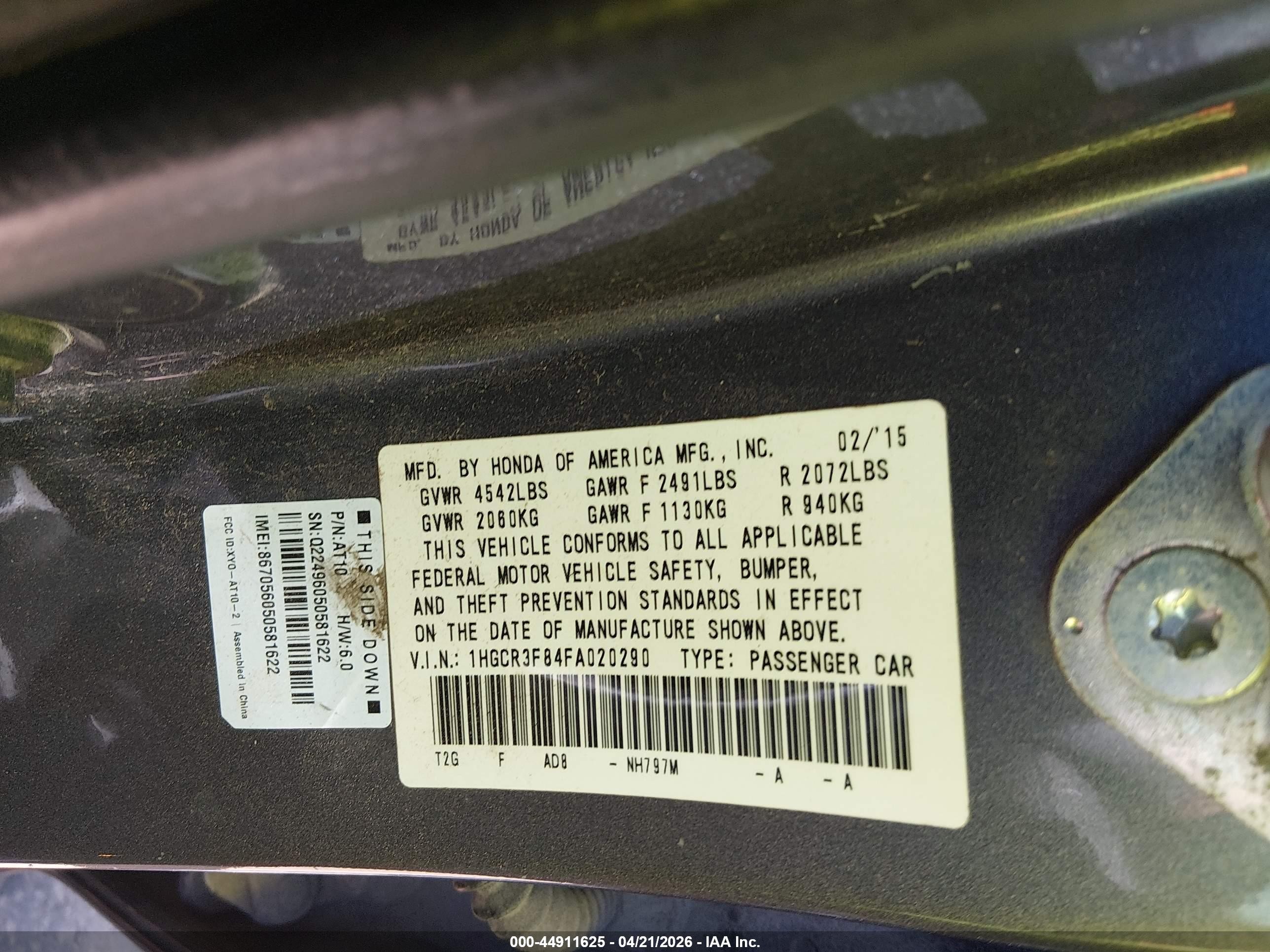2015 Honda Accord Ex-l V-6 Gray vin: 1HGCR3F84FA020290