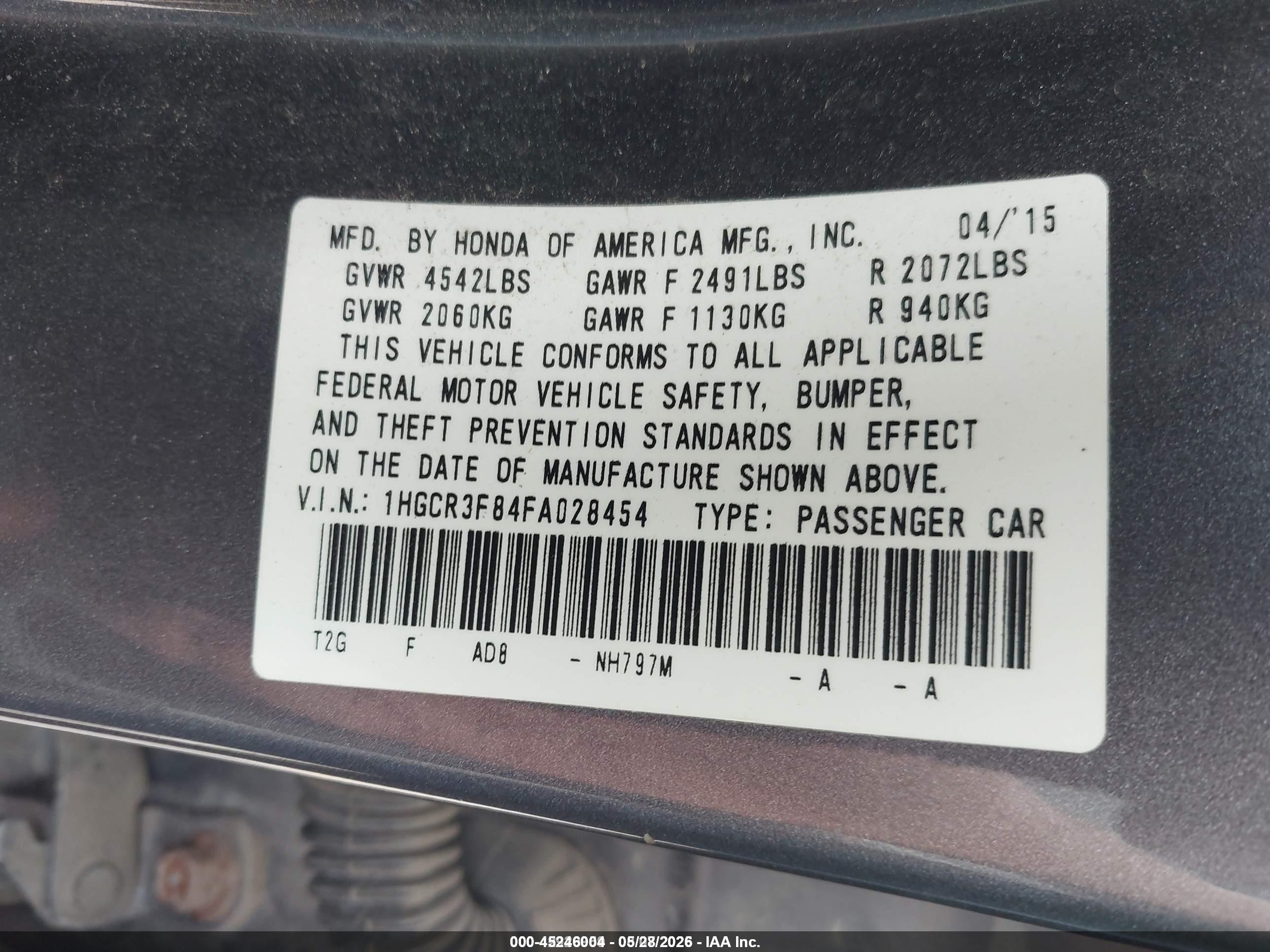 2015 Honda Accord Ex-l V-6 Gray vin: 1HGCR3F84FA028454