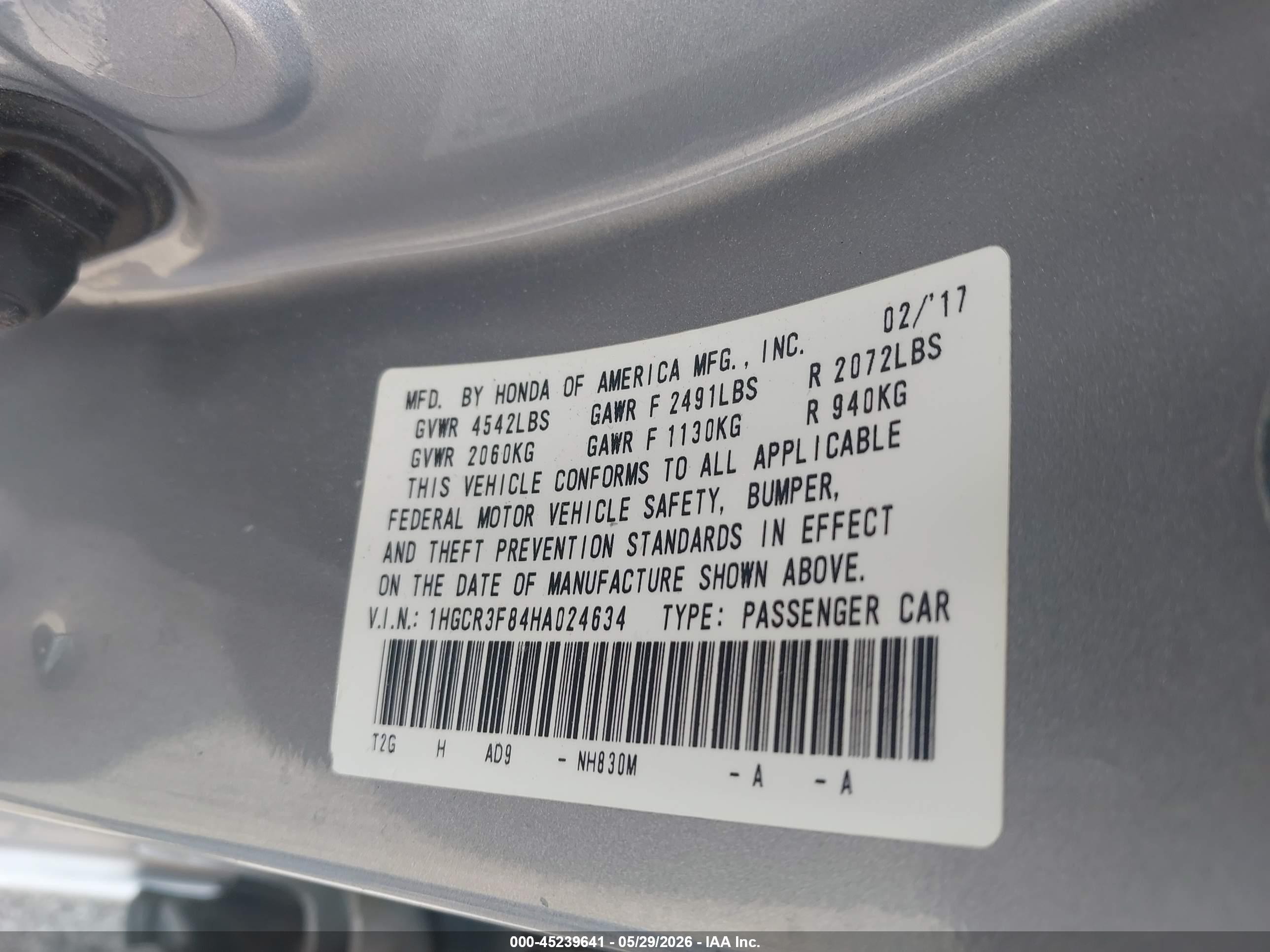 2017 Honda Accord Ex-l V6 Silver vin: 1HGCR3F84HA024634