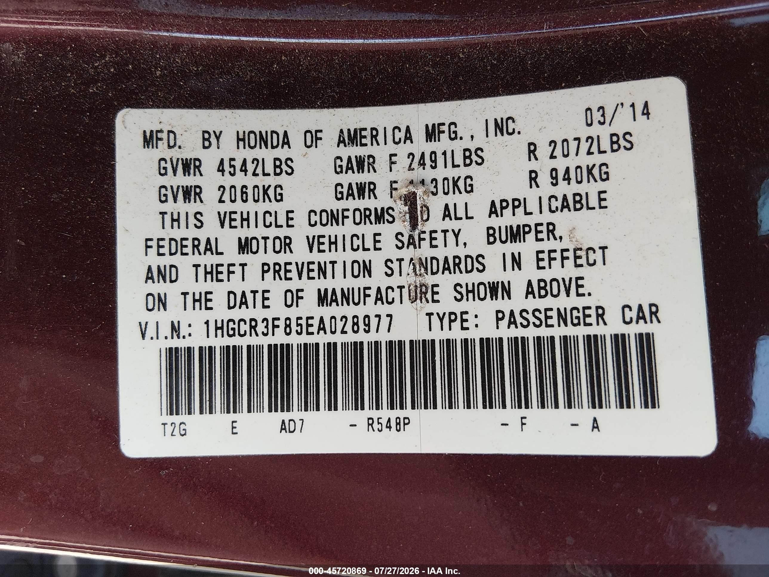 2014 Honda Accord Ex-l V-6 Maroon vin: 1HGCR3F85EA028977