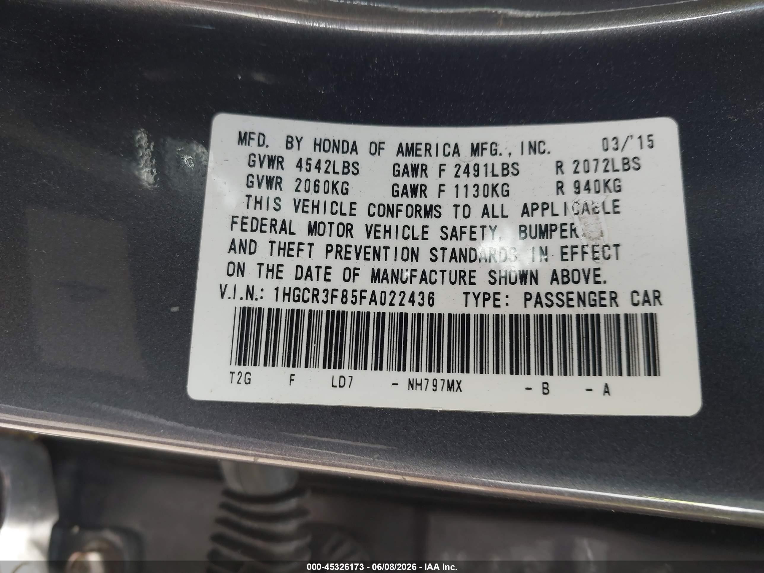 2015 Honda Accord Ex-l V-6 Gray vin: 1HGCR3F85FA022436