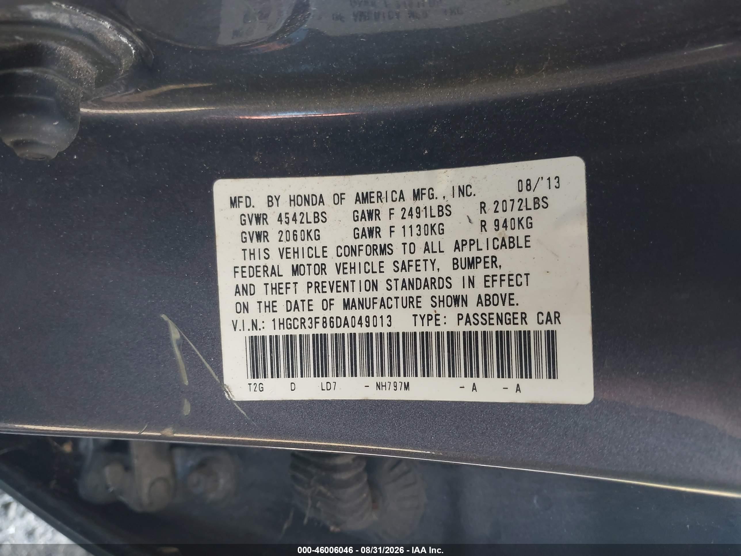 2013 Honda Accord Ex-l V-6 Gray vin: 1HGCR3F86DA049013