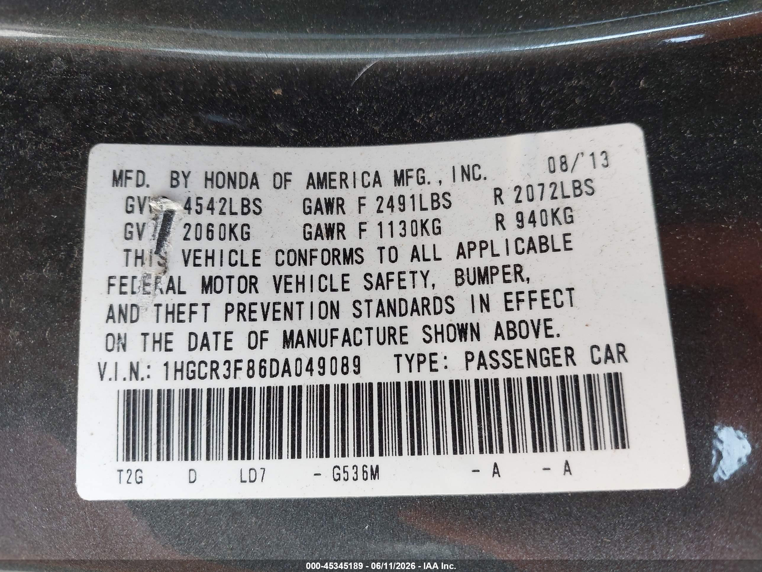 2013 Honda Accord Ex-l V-6 Gray vin: 1HGCR3F86DA049089