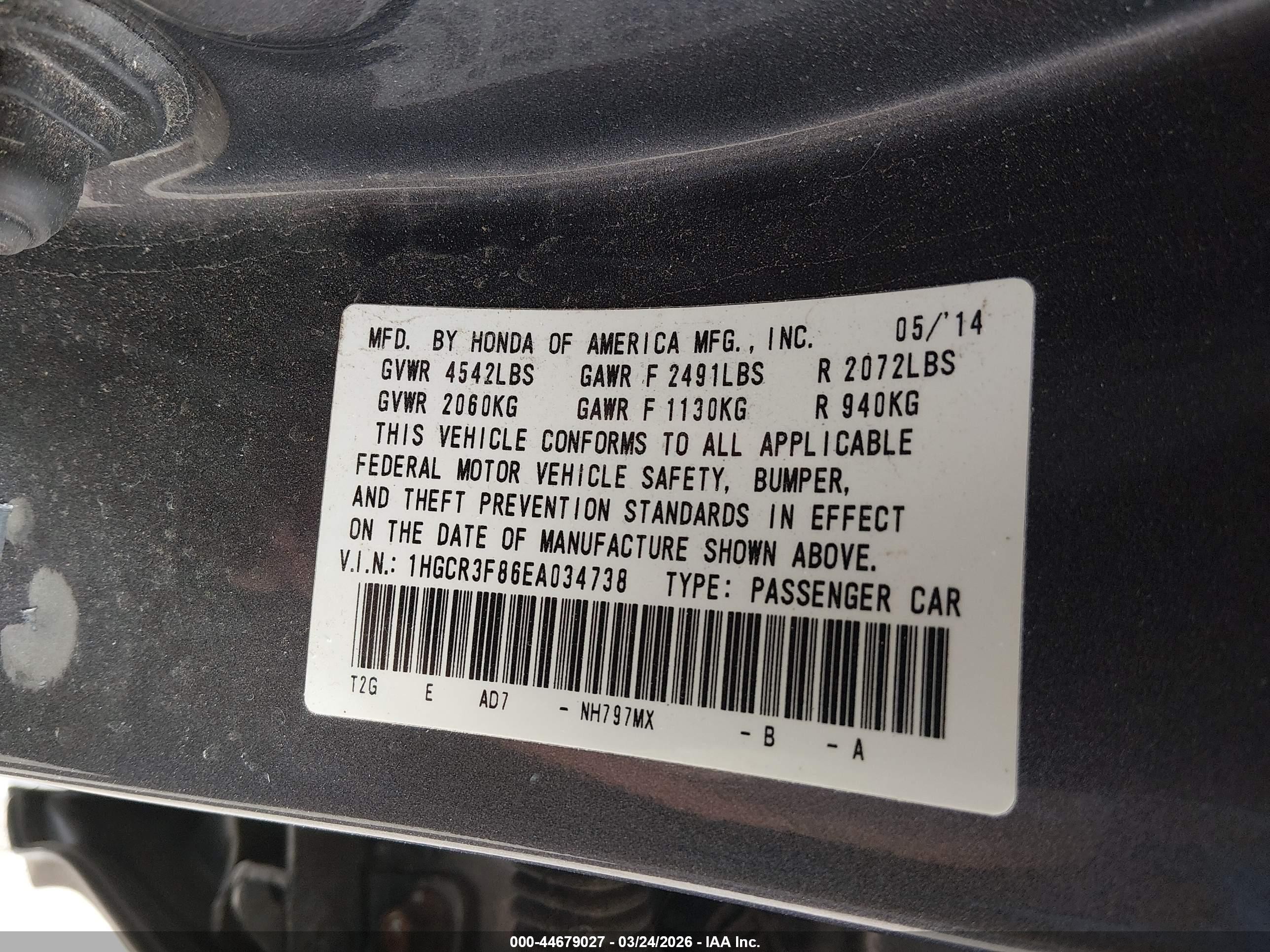 2014 Honda Accord Ex-l V-6 Gray vin: 1HGCR3F86EA034738