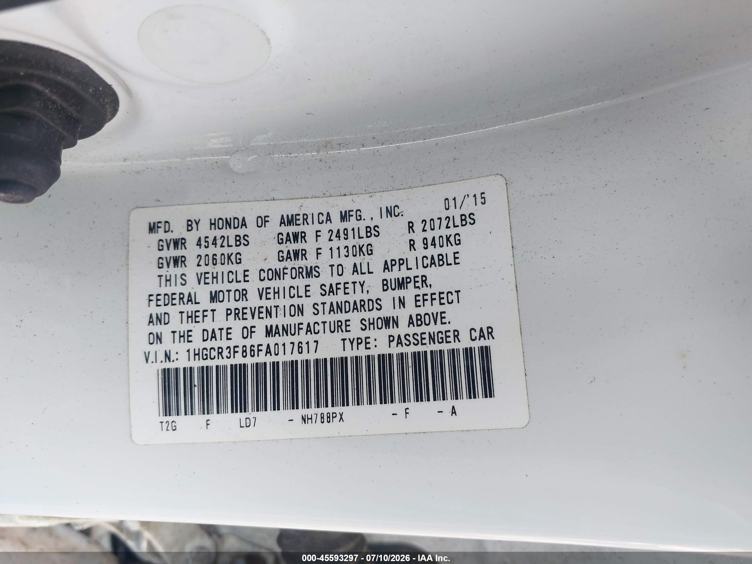 2015 Honda Accord Ex-l V-6 White vin: 1HGCR3F86FA017617