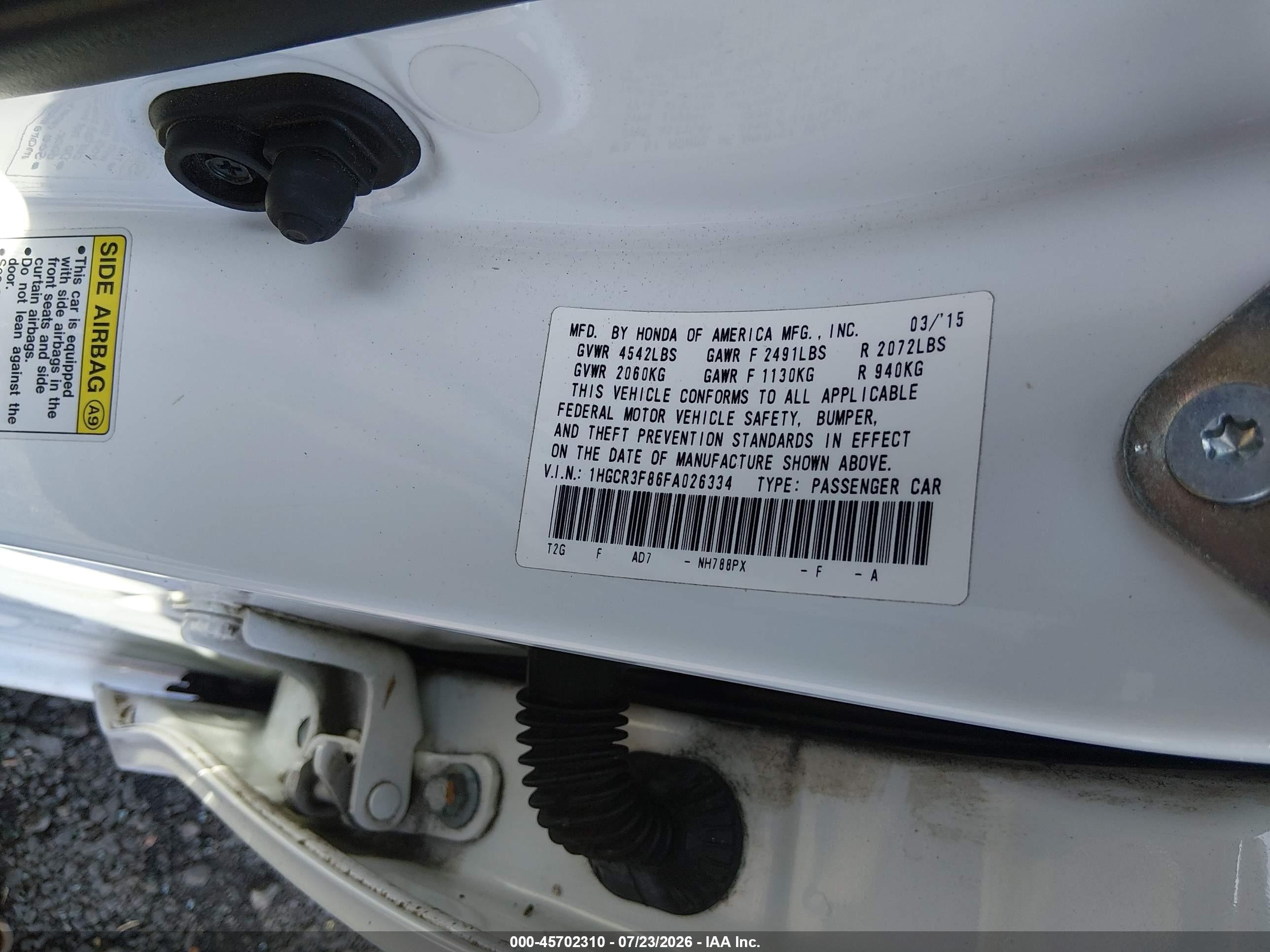 2015 Honda Accord Ex-l V-6 White vin: 1HGCR3F86FA026334