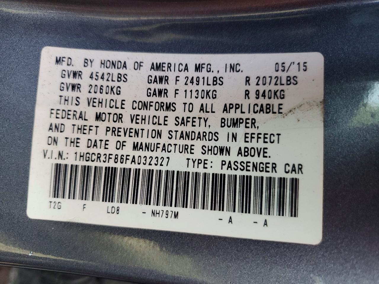2015 Honda Accord Exl Серый vin: 1HGCR3F86FA032327