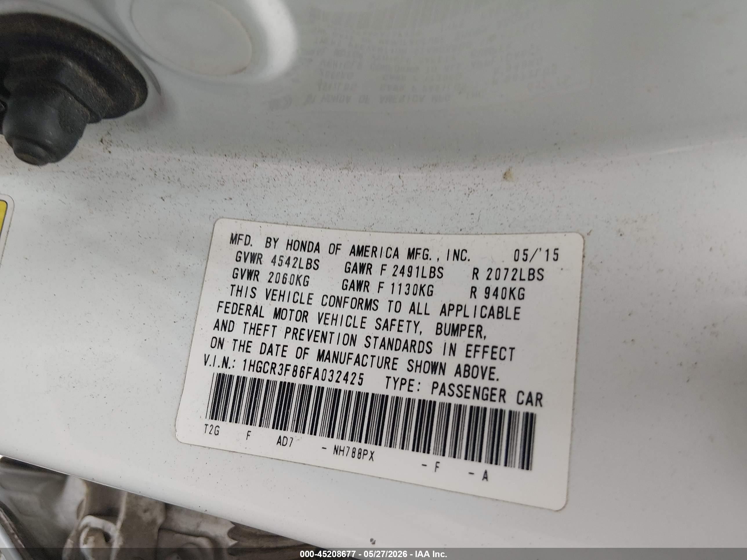 2015 Honda Accord Ex-l V-6 White vin: 1HGCR3F86FA032425