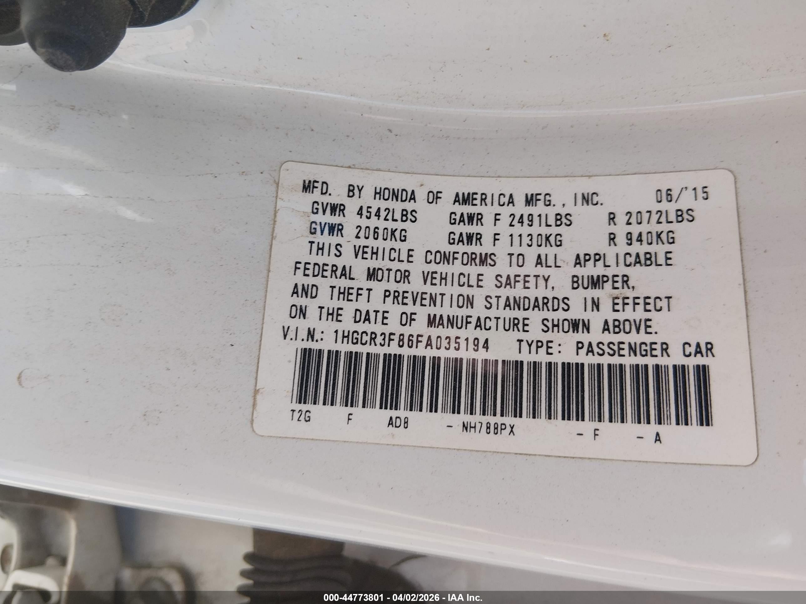 2015 Honda Accord Ex-l V-6 White vin: 1HGCR3F86FA035194