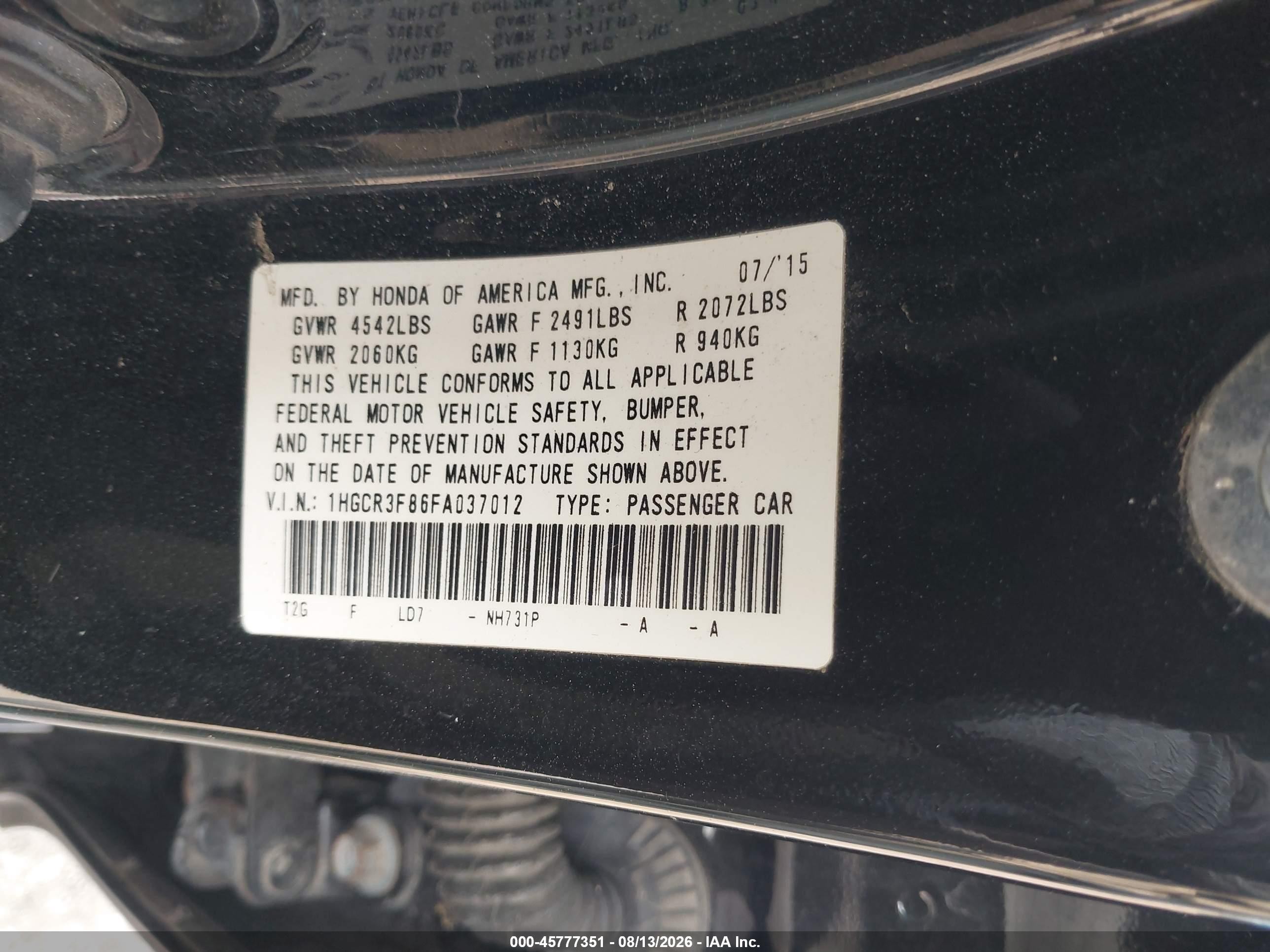 2015 Honda Accord Ex-l V-6 Black vin: 1HGCR3F86FA037012