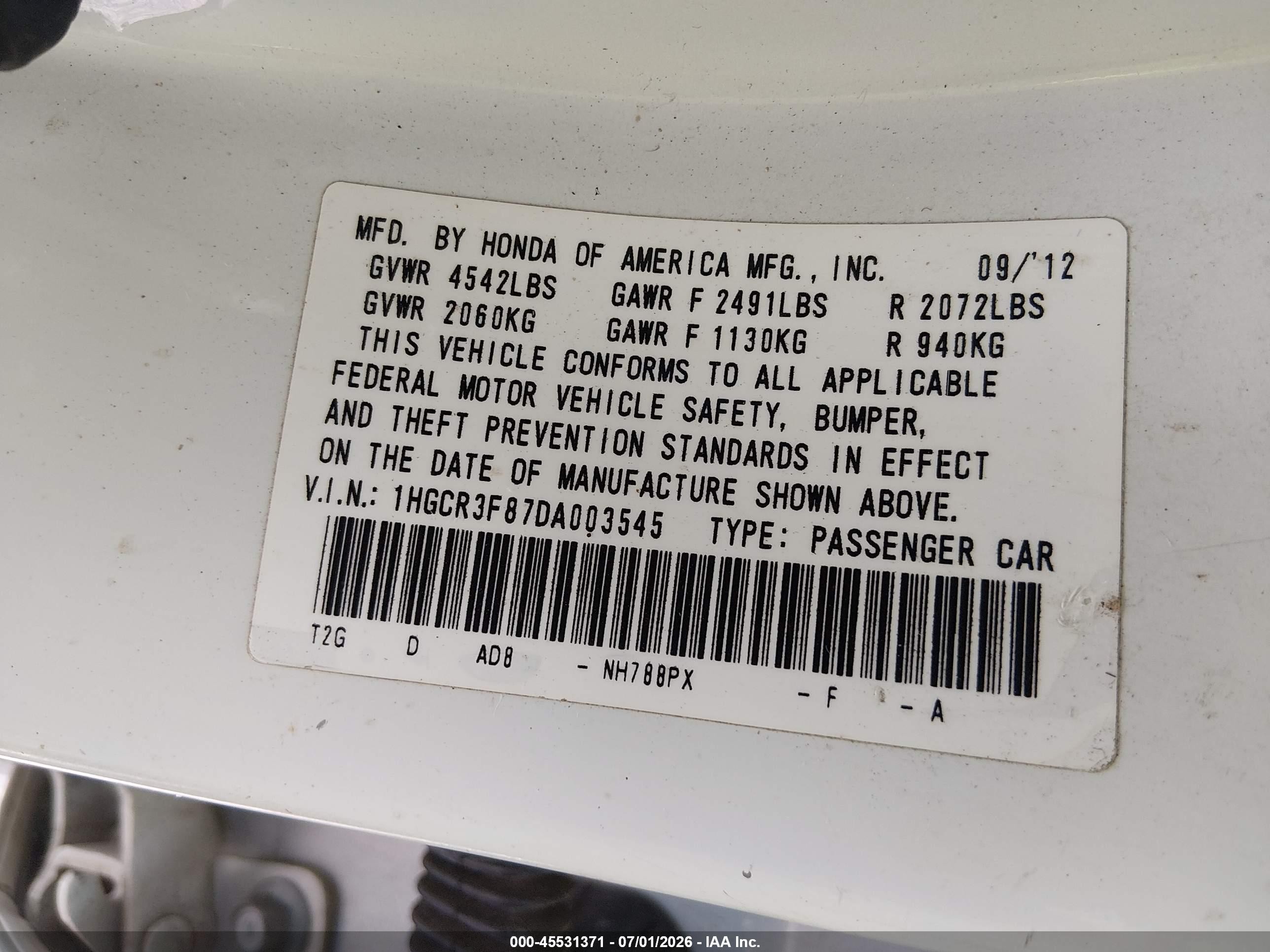 2013 Honda Accord Ex-l V-6 White vin: 1HGCR3F87DA003545