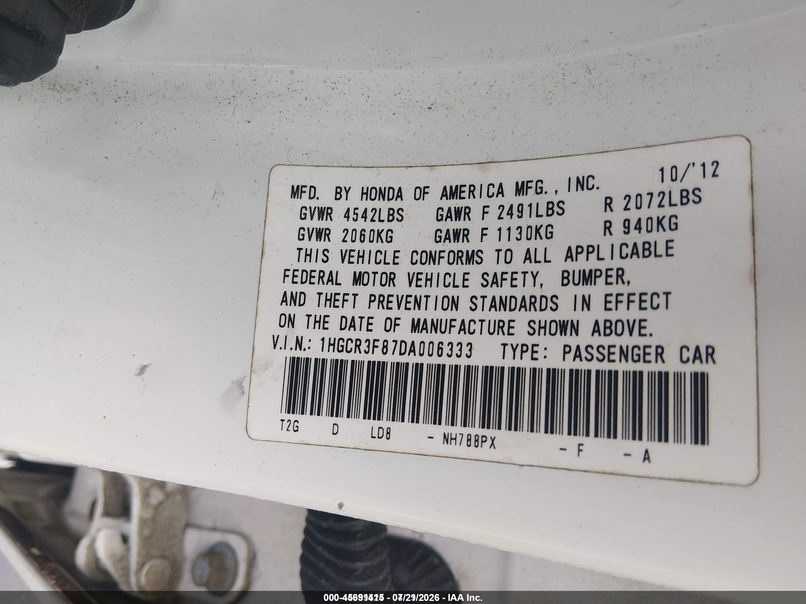 2013 Honda Accord Ex-l V-6 Белый vin: 1HGCR3F87DA006333
