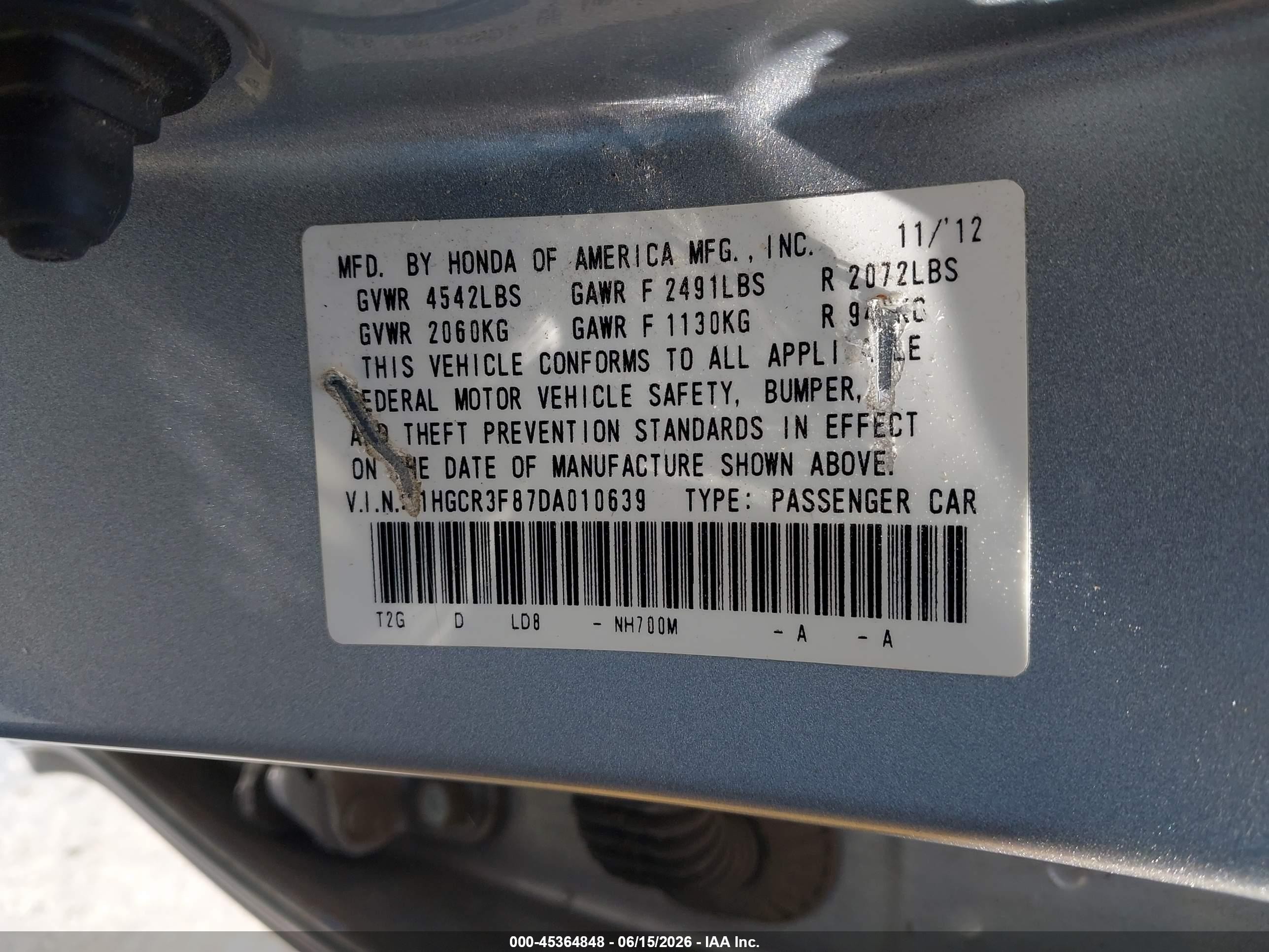 2013 Honda Accord Ex-l V-6 Gray vin: 1HGCR3F87DA010639