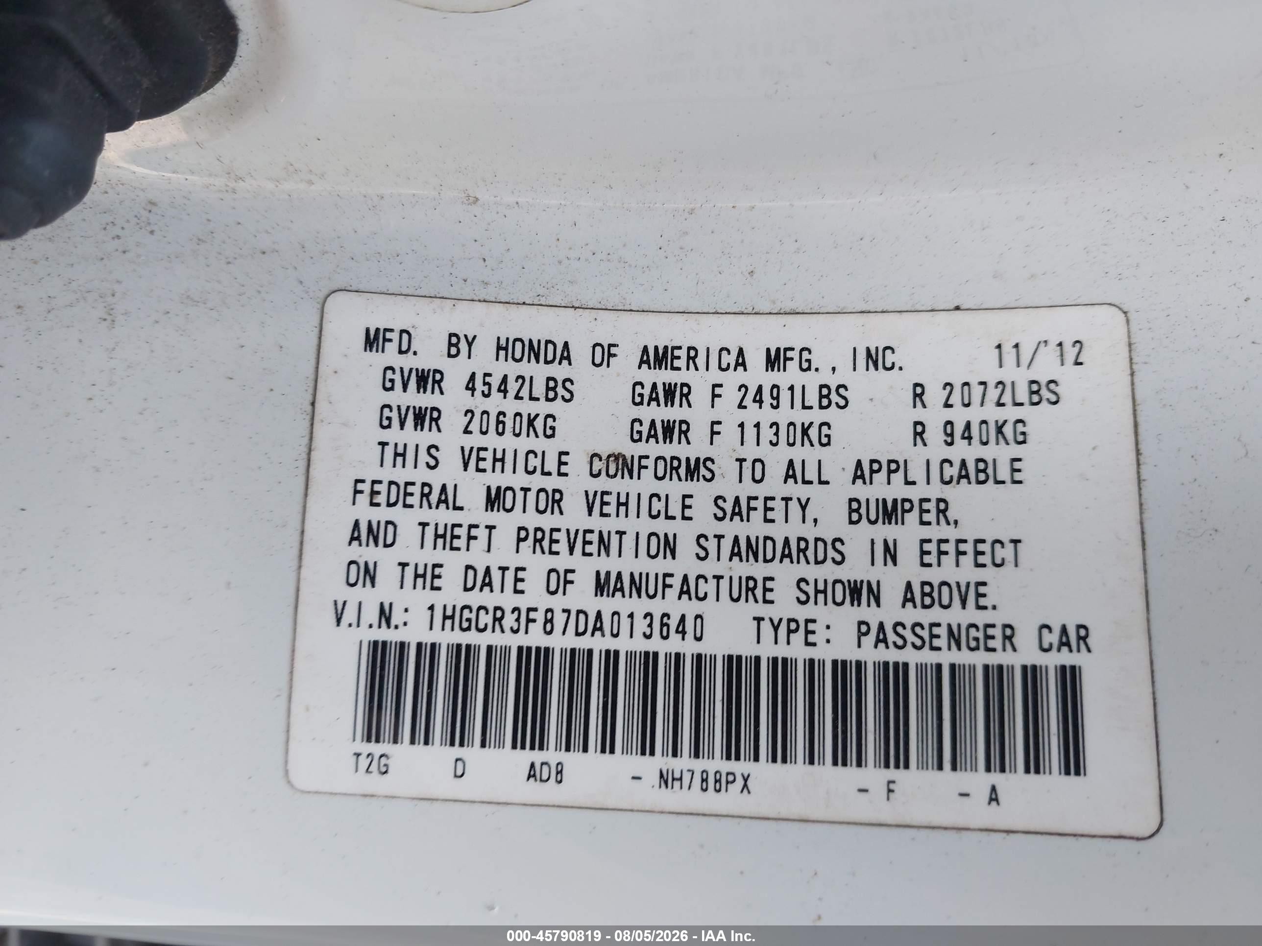 2013 Honda Accord Ex-l V-6 Белый vin: 1HGCR3F87DA013640