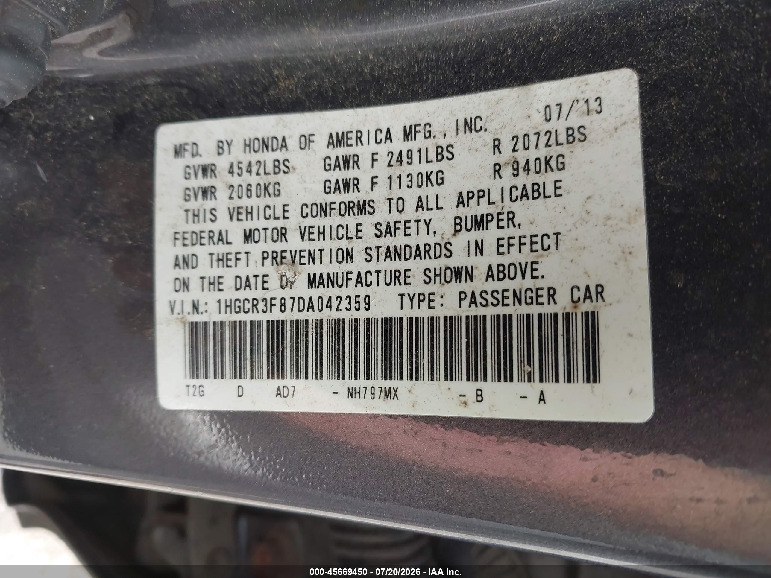 2013 Honda Accord Ex-l V-6 Gray vin: 1HGCR3F87DA042359