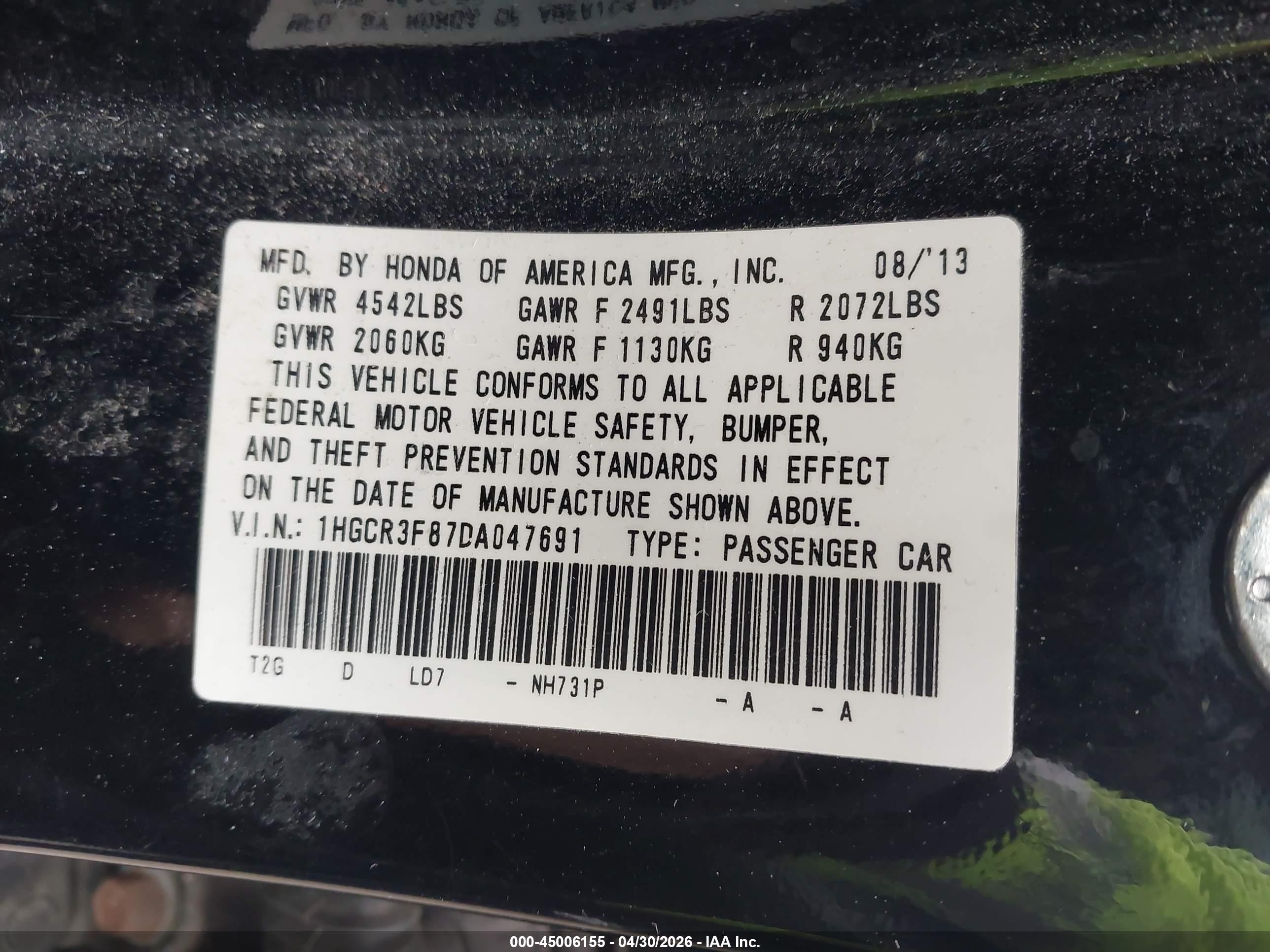 2013 Honda Accord Ex-l V-6 Black vin: 1HGCR3F87DA047691