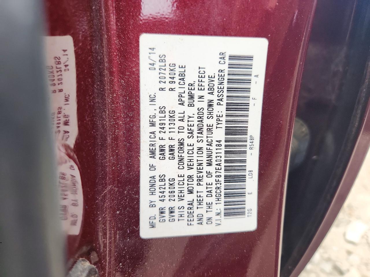 2014 Honda Accord Exl Burgundy vin: 1HGCR3F87EA031184