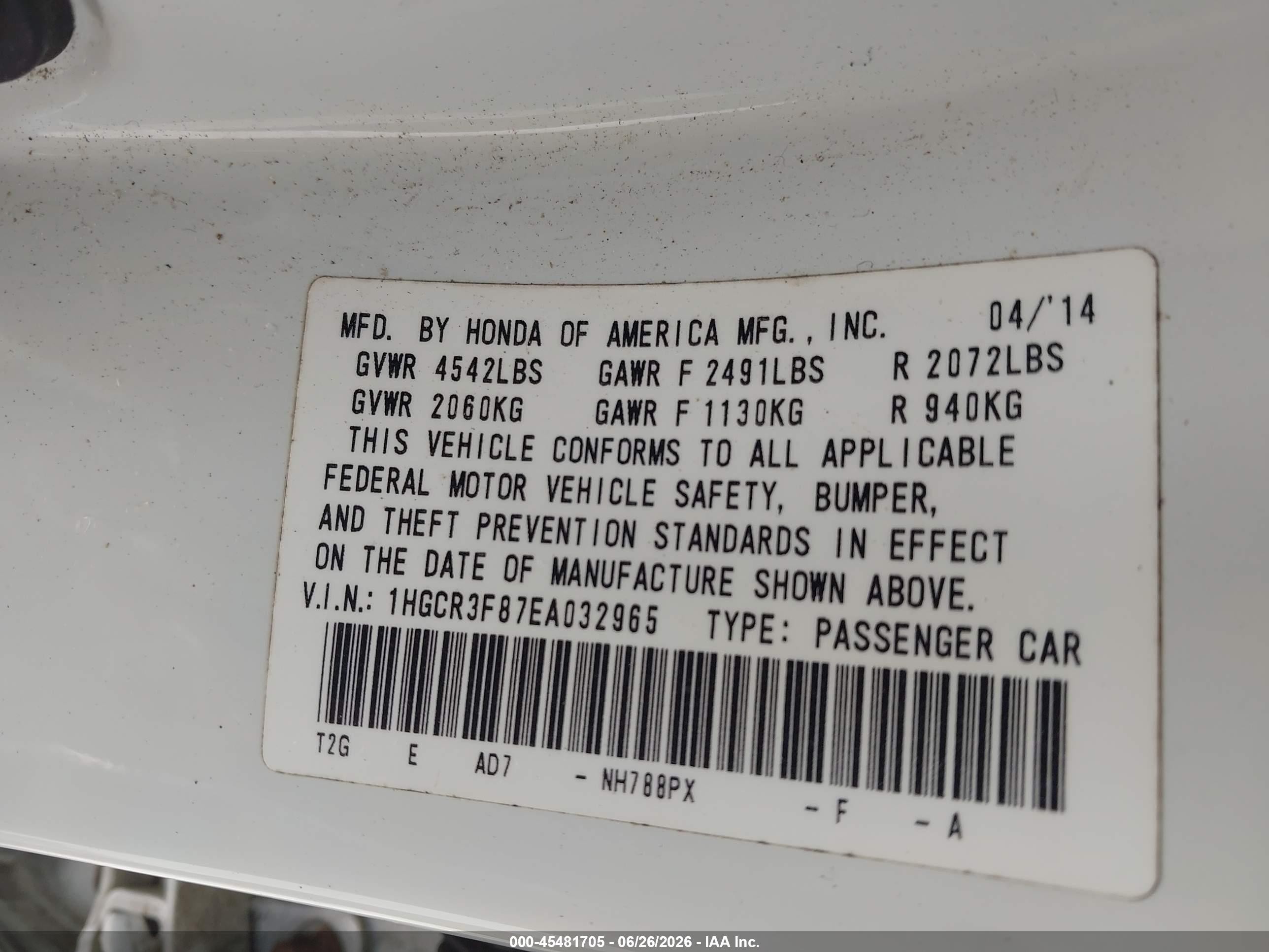 2014 Honda Accord Ex-l V-6 Белый vin: 1HGCR3F87EA032965