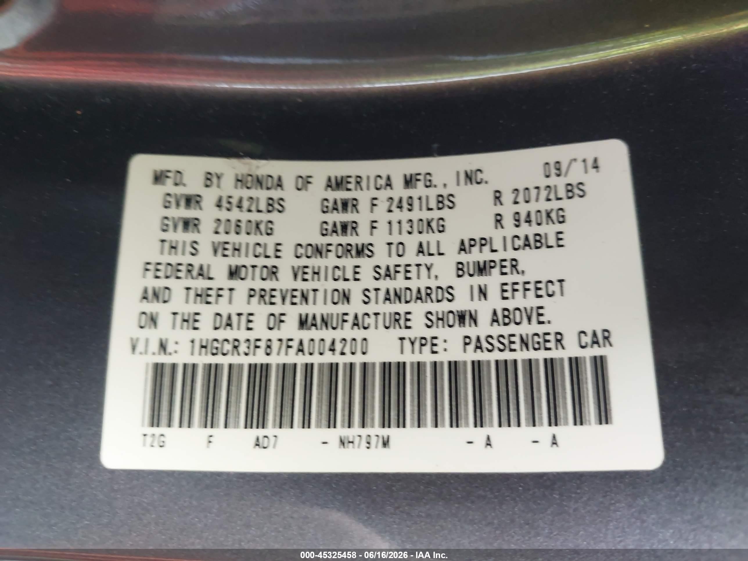 2015 Honda Accord Ex-l V-6 Gray vin: 1HGCR3F87FA004200