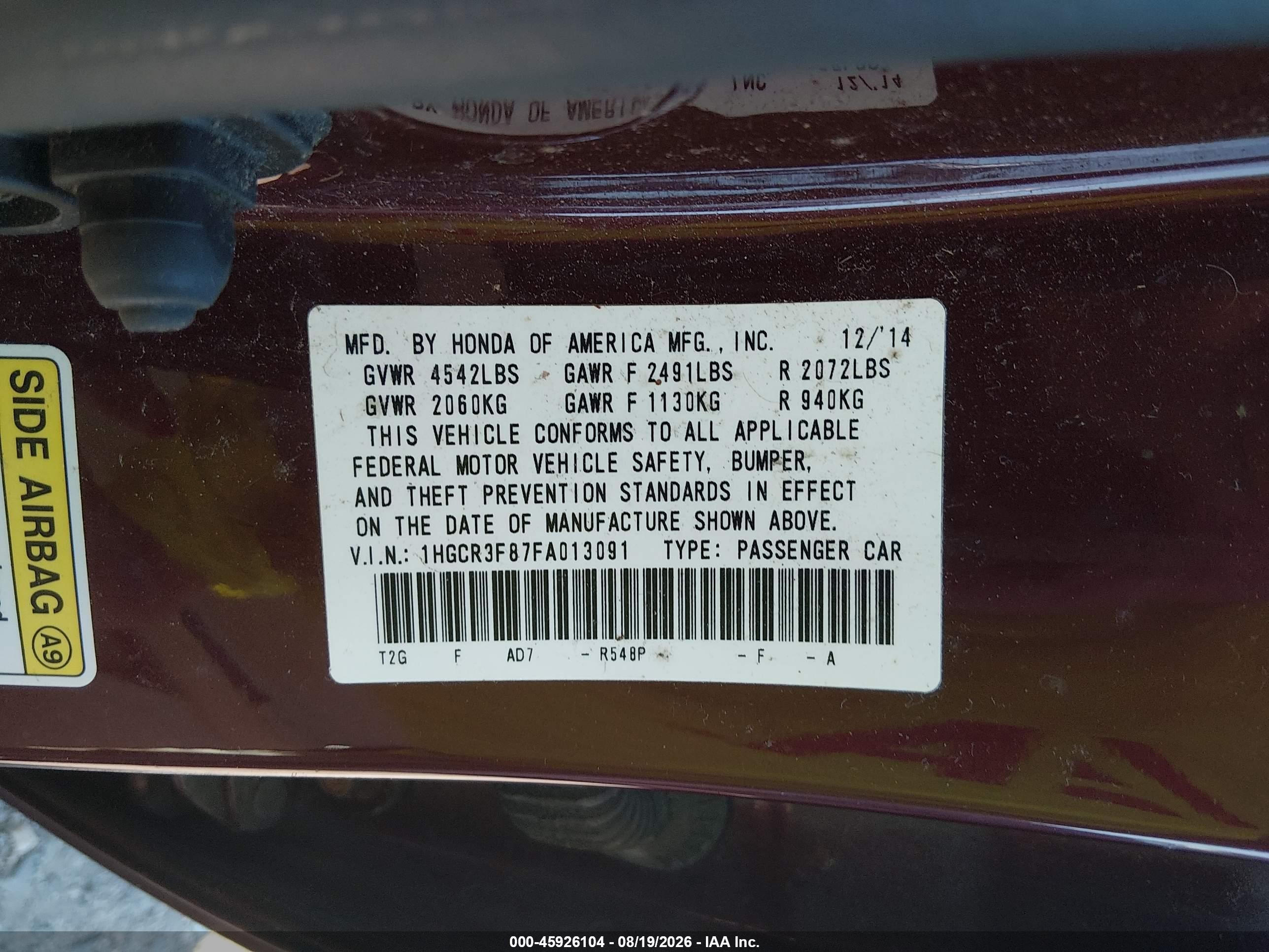 2015 Honda Accord Ex-l V-6 Бордовый vin: 1HGCR3F87FA013091