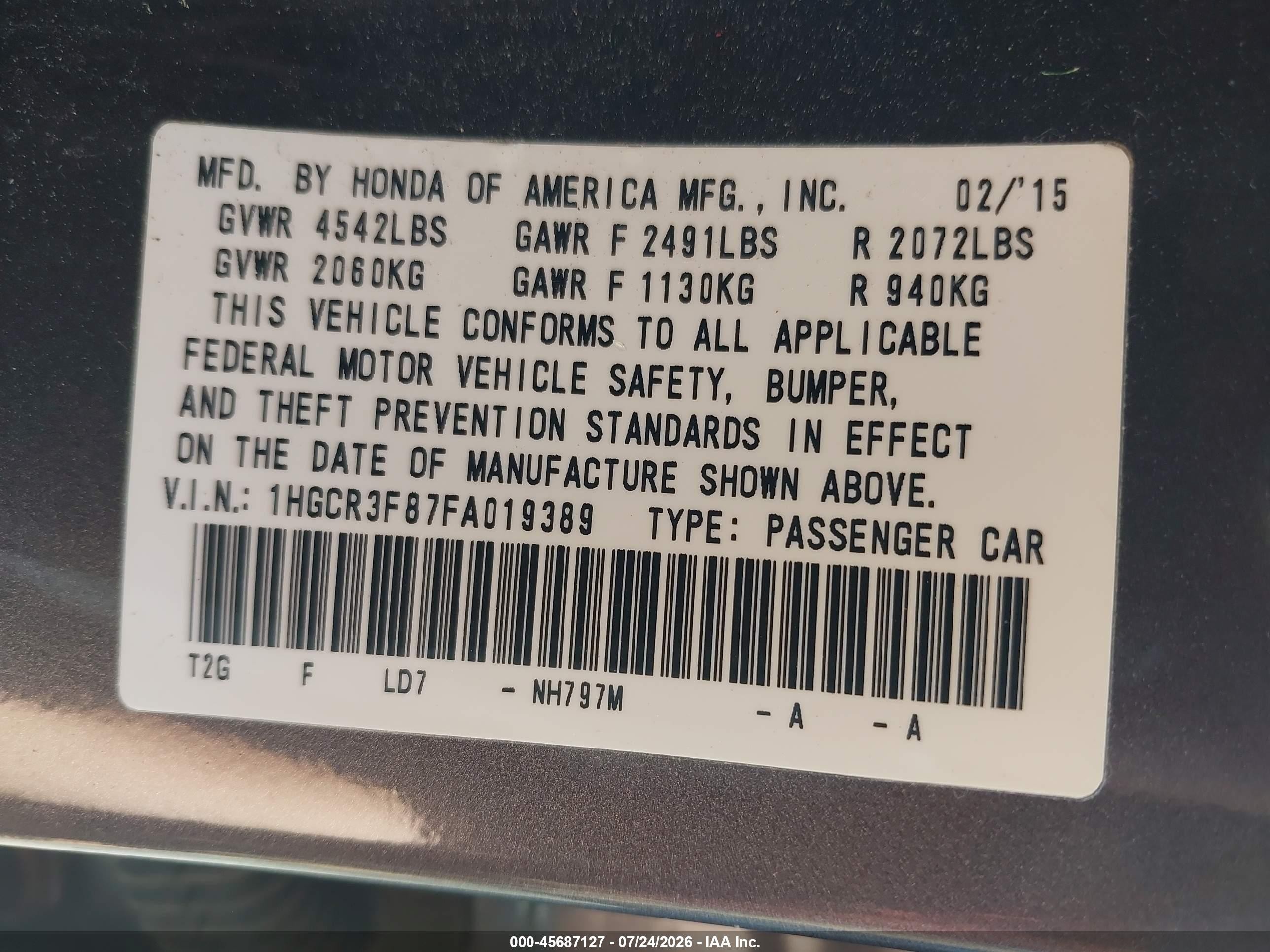 2015 Honda Accord Ex-l V-6 Серый vin: 1HGCR3F87FA019389