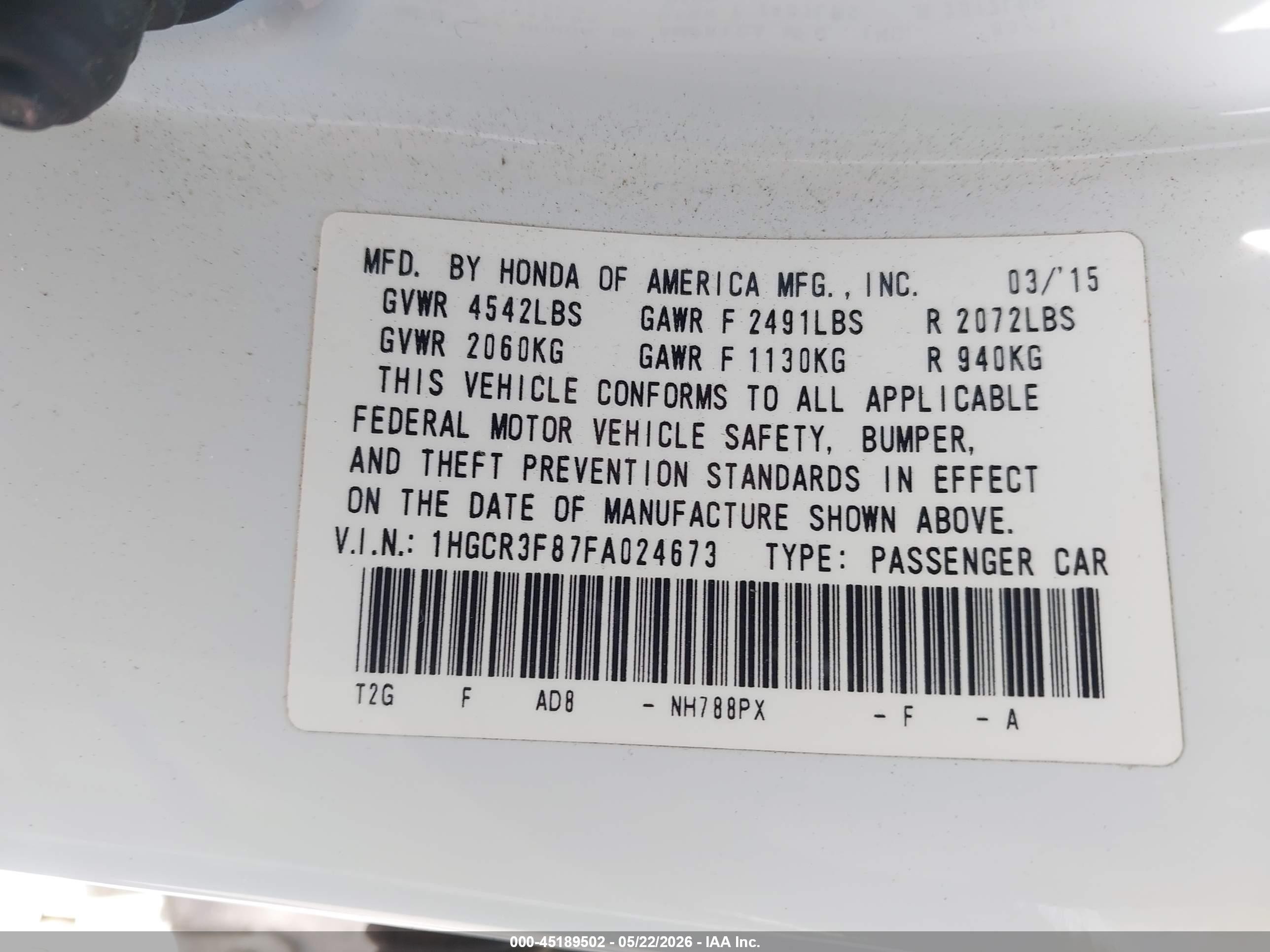 2015 Honda Accord Ex-l V-6 White vin: 1HGCR3F87FA024673