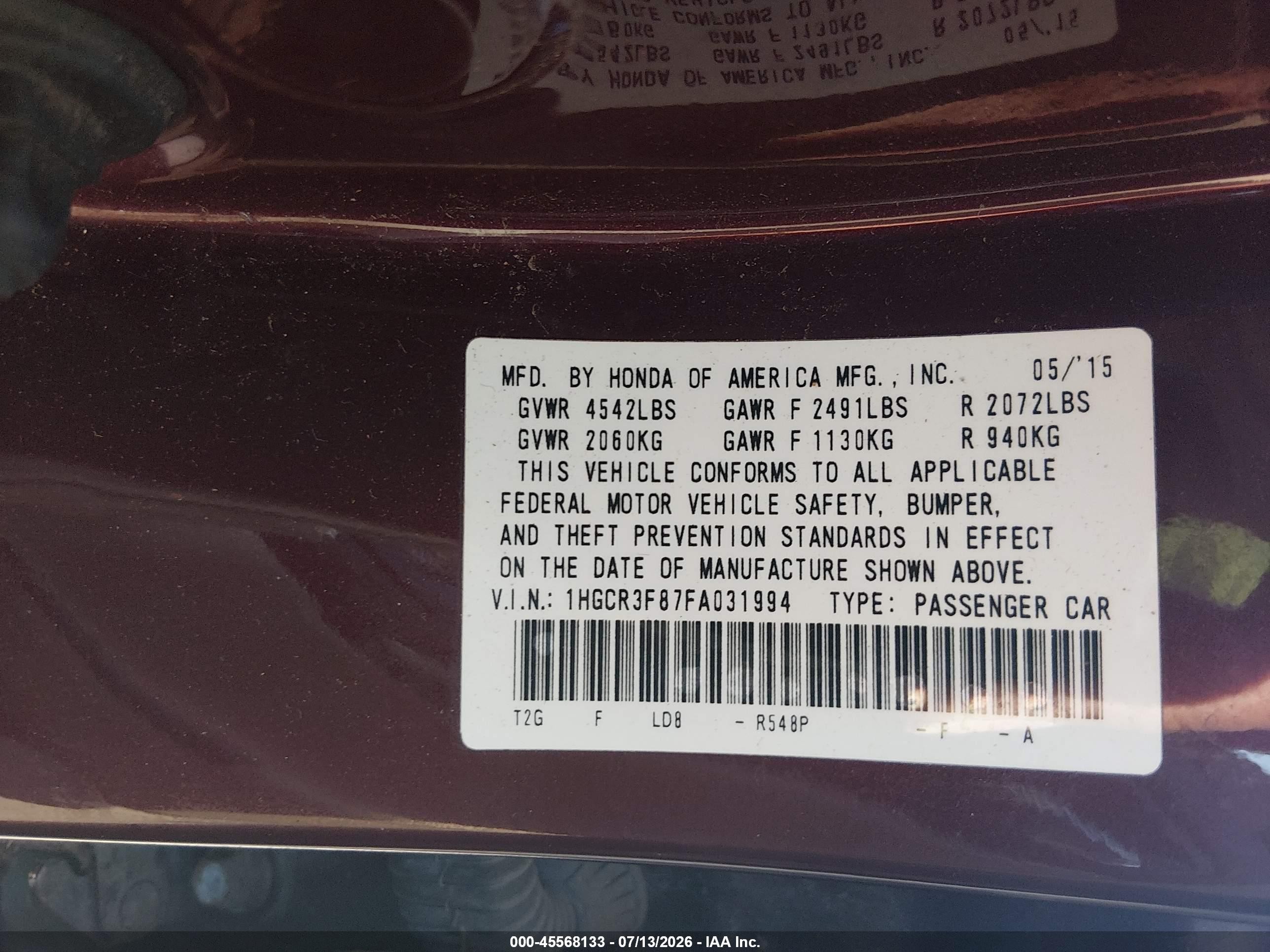 2015 Honda Accord Ex-l V-6 Burgundy vin: 1HGCR3F87FA031994