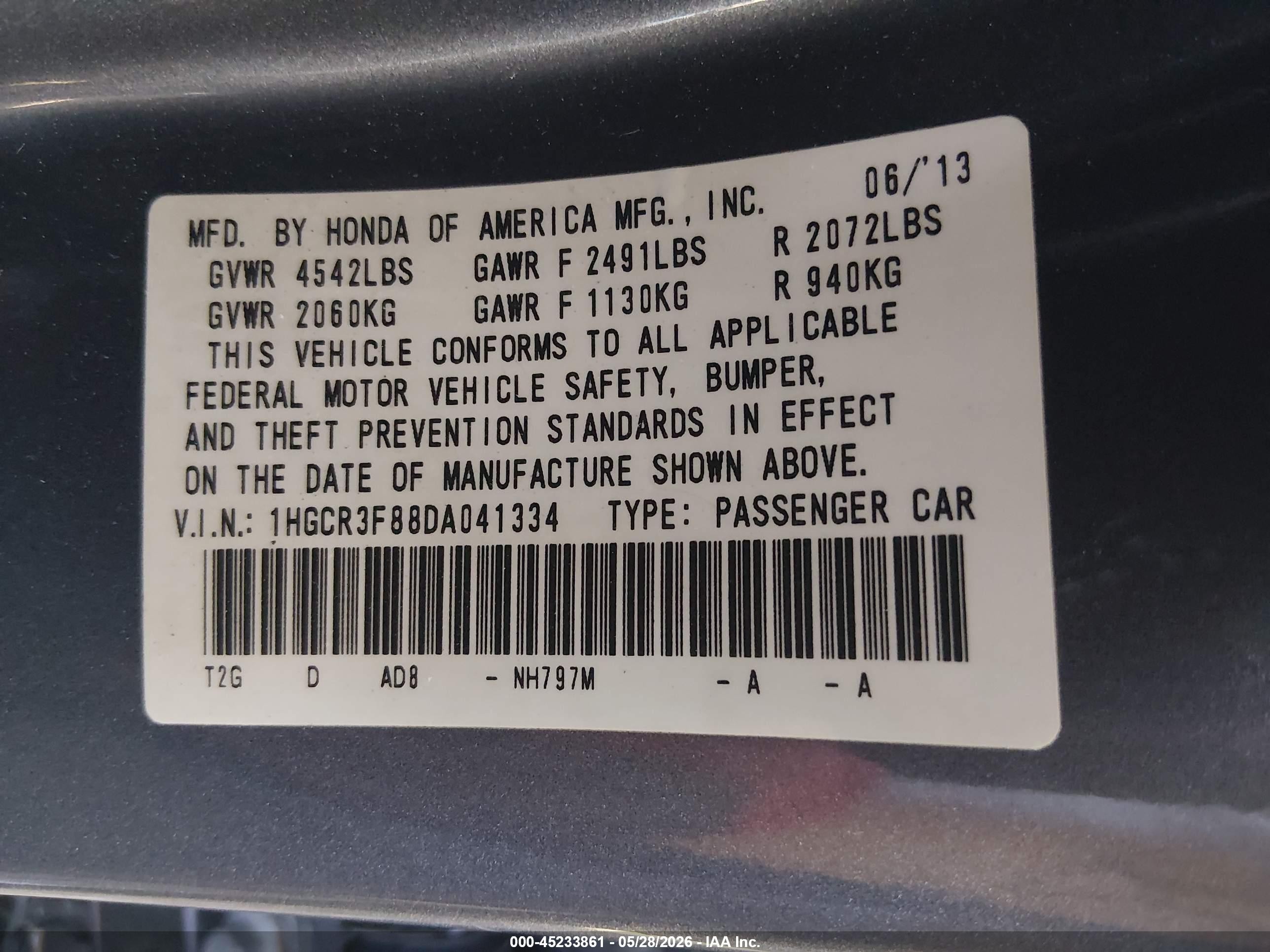 2013 Honda Accord Ex-l V-6 Gray vin: 1HGCR3F88DA041334